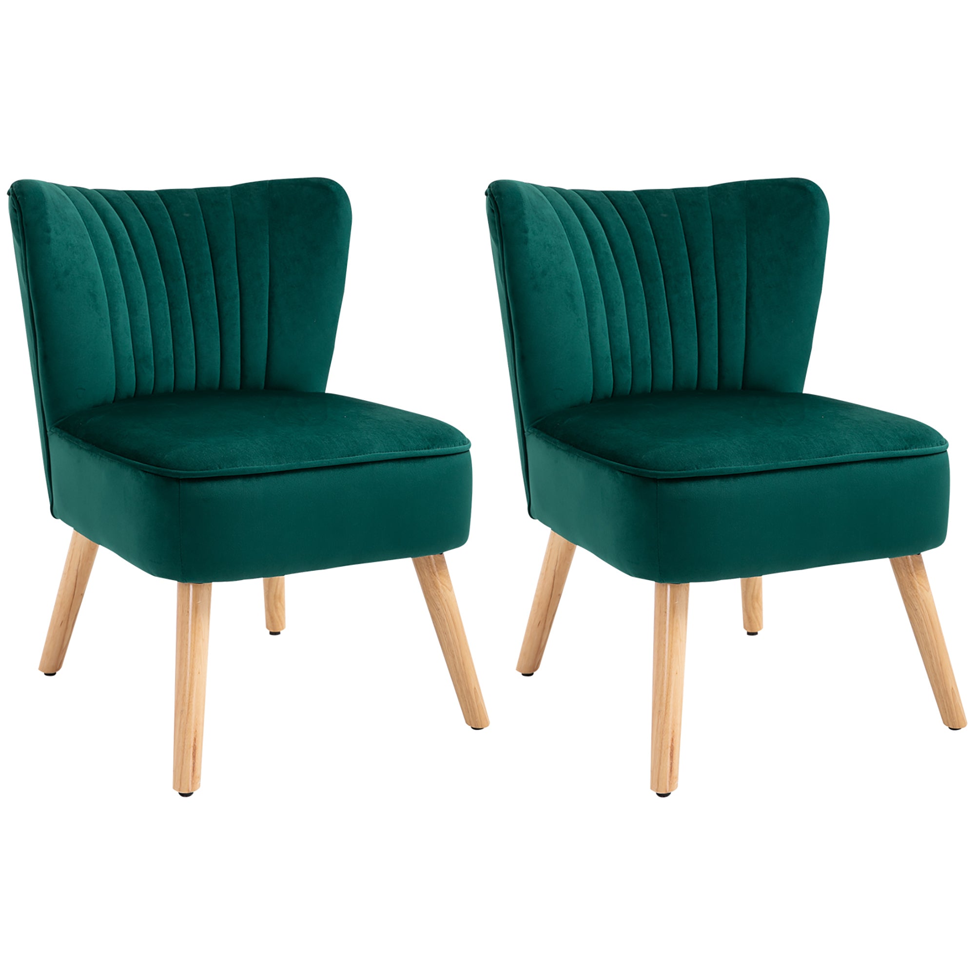 HOMCOM Velvet Accent Chair Occasional Tub Seat Padding Curved Back with Wood Frame Legs Home Furniture Set of 2 Green