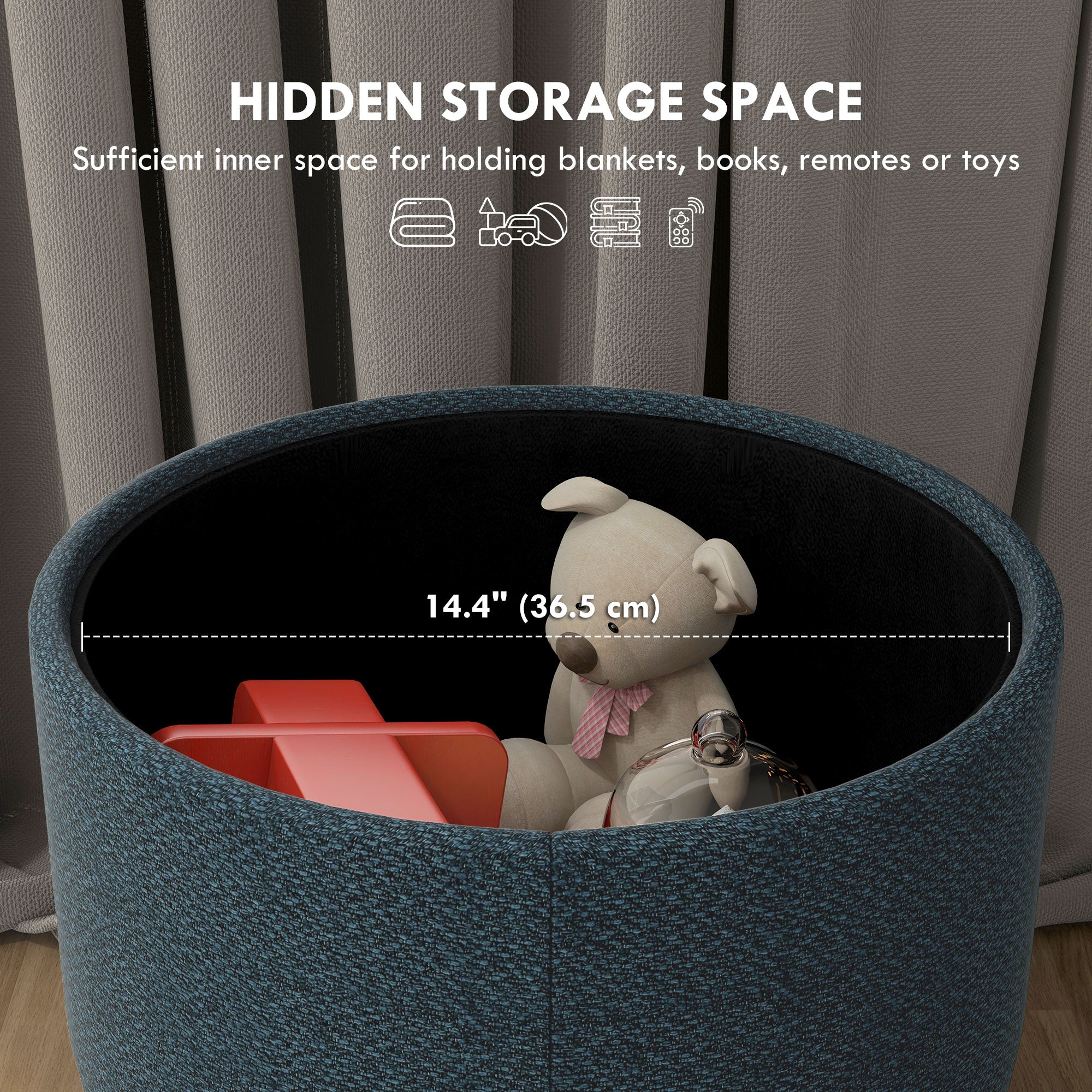 HOMCOM Round Linen-Look Storage Ottoman - Blue - North Peak Garden Furniture