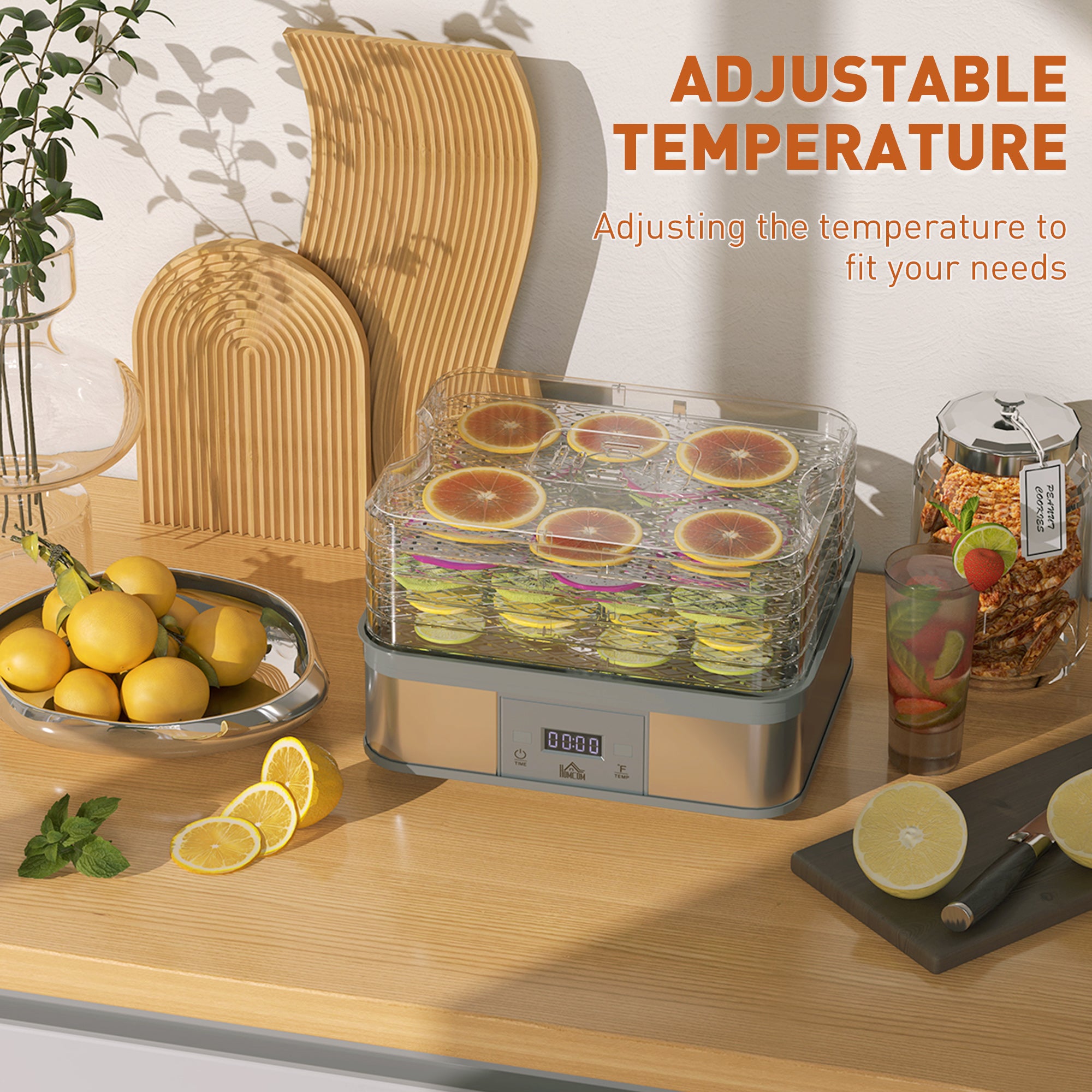 HOMCOM 5 Tier Food Dehydrator, 245W Stainless Steel Food Dryer Machine with Adjustable Temperature, Timer and LCD Display for Drying Fruit, Meat, Vegetable, Jerky and Pet Treat, Grey - North Peak Garden Furniture