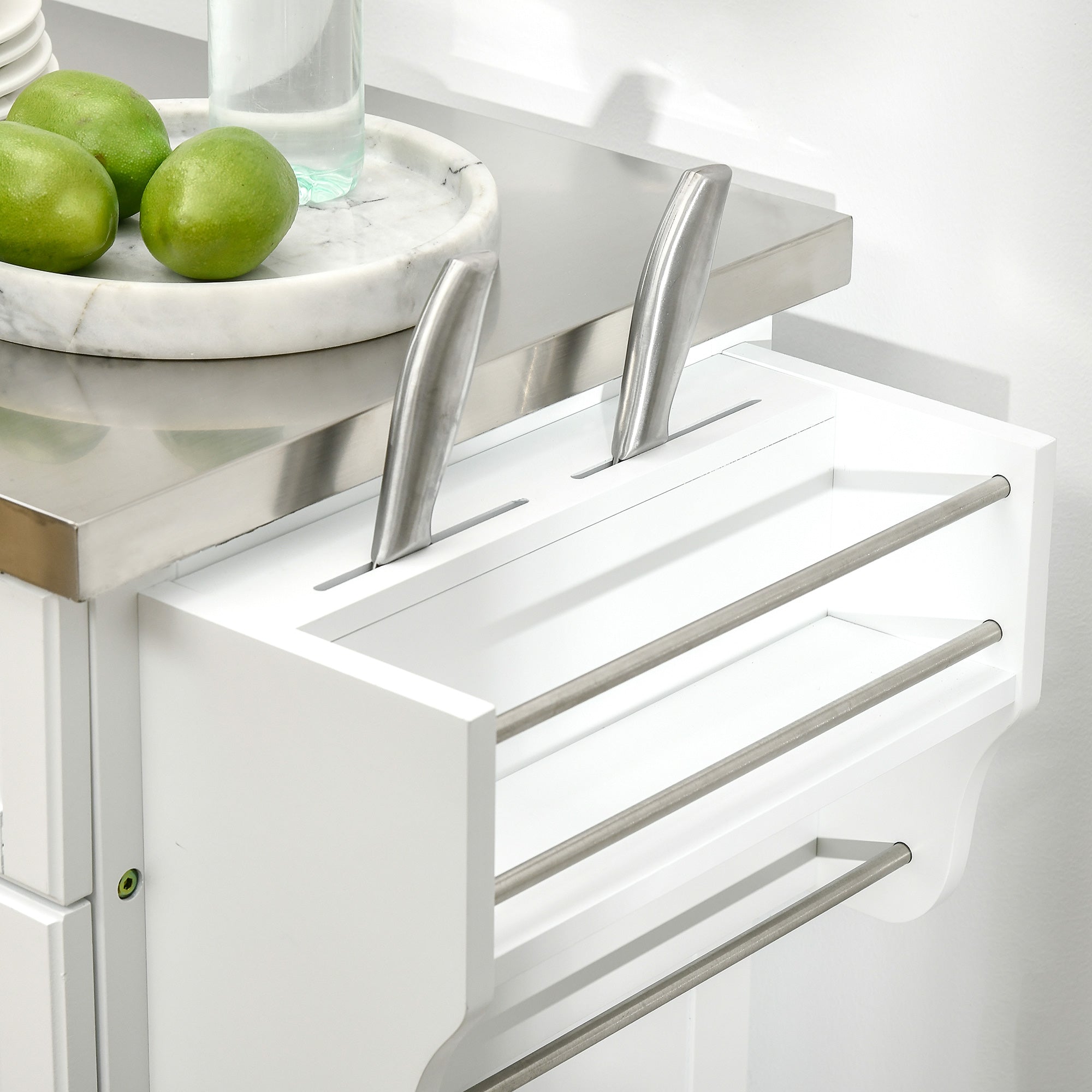 HOMCOM Wooden Kitchen Island on Wheels, Serving Cart Storage Trolley with Stainless Steel Top, Drawer, Side Handle and Rack, White - North Peak Garden Furniture