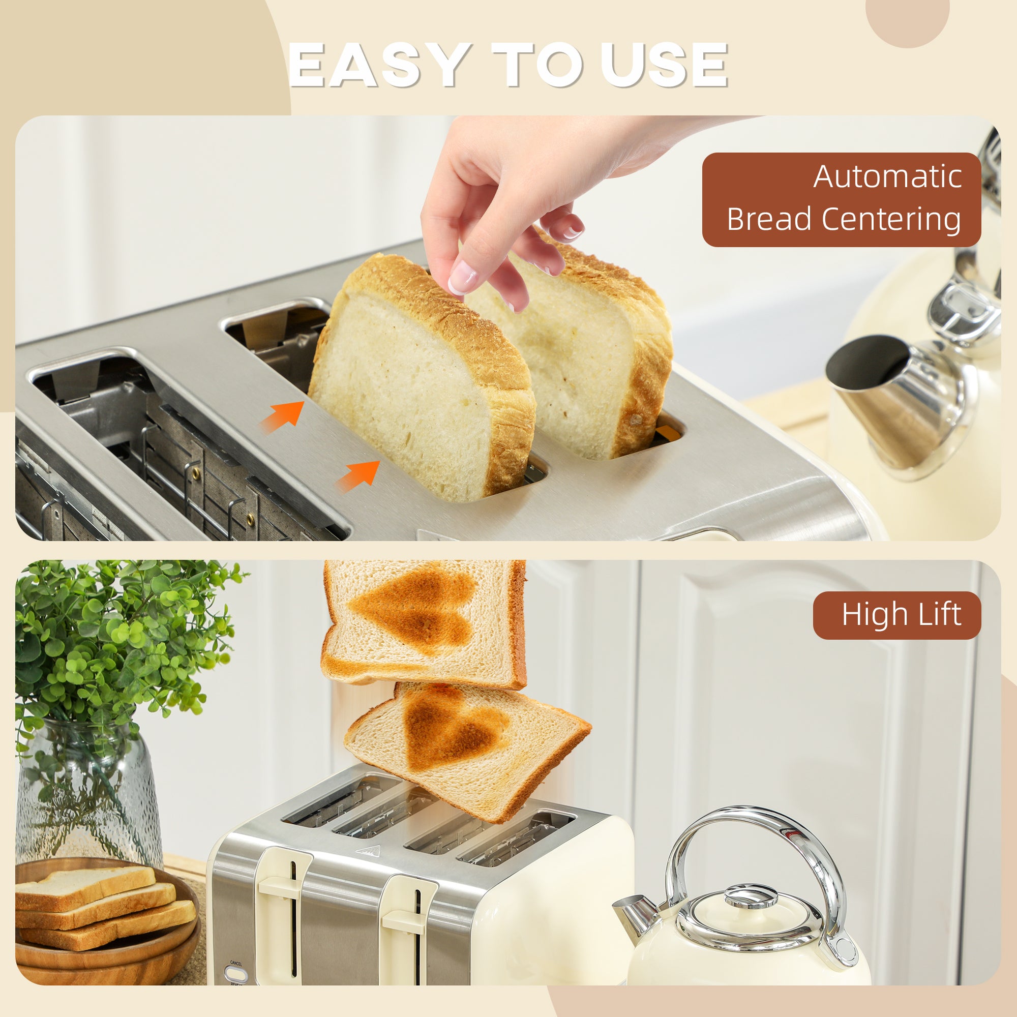 HOMCOM Polished Metal Kettle and Toaster Set - Cream - North Peak Garden Furniture