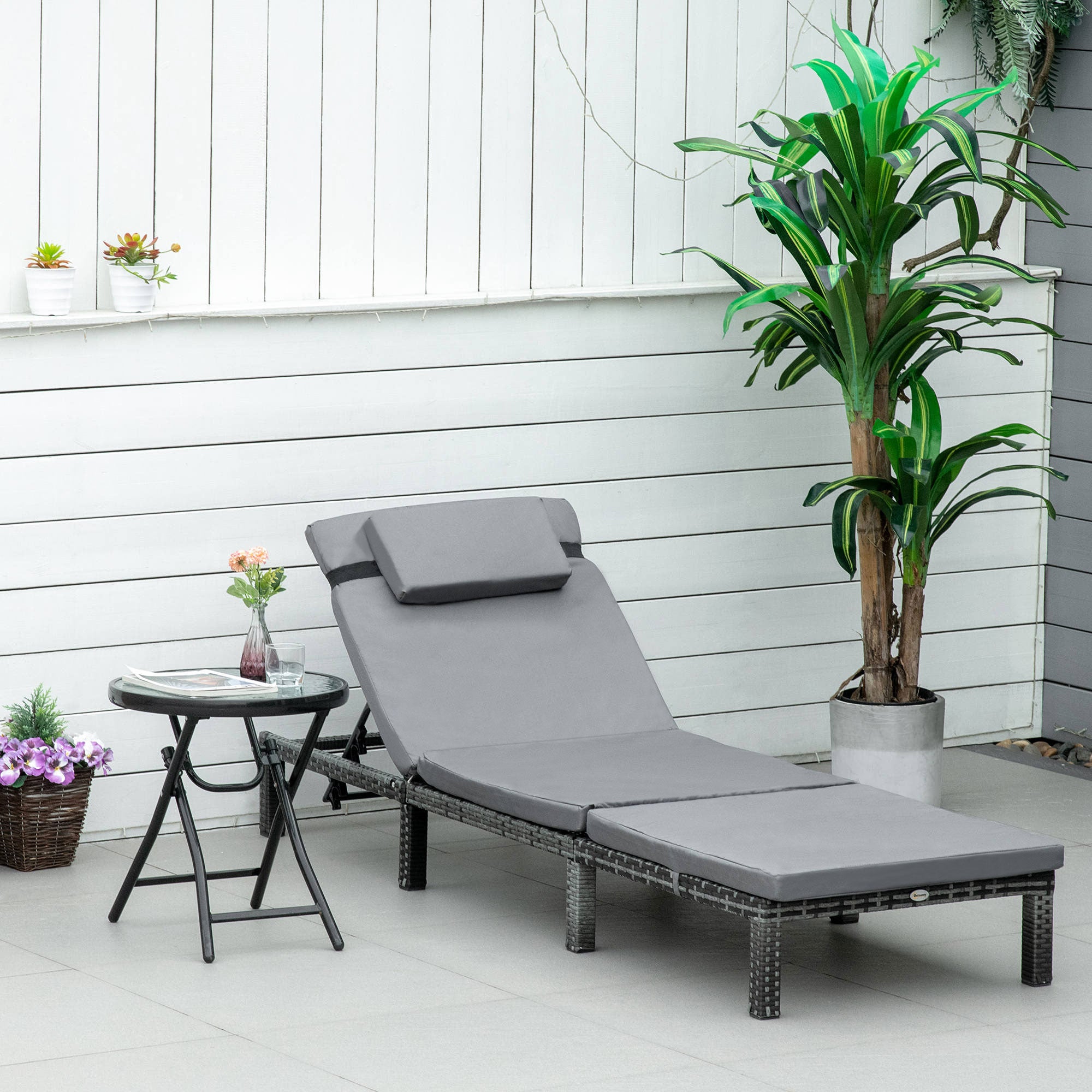 Outsunny PE Rattan Sun Lounger with Soft Padded Cushion, Patio 5-level Reclining Sun Lounger with Headrest, Grey - North Peak Garden Furniture