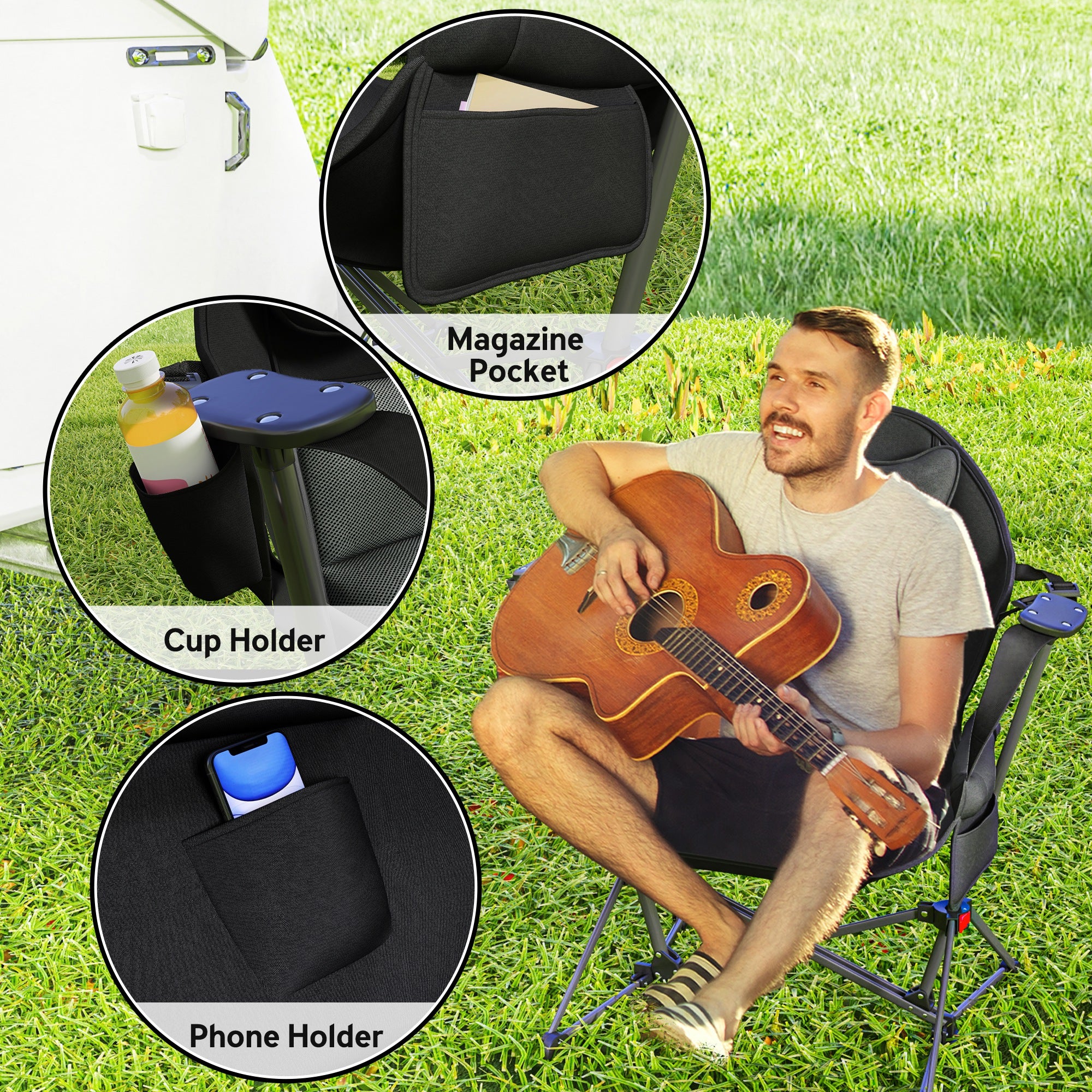 Outsunny Hammock Camping Chair Set of 2, Adjustable Back Swinging Camping Chair Portable Camp Chair with Cup Holder, Headrest, Padded Seat and Carry Bag for Travel Fishing Hiking, Black - North Peak Garden Furniture