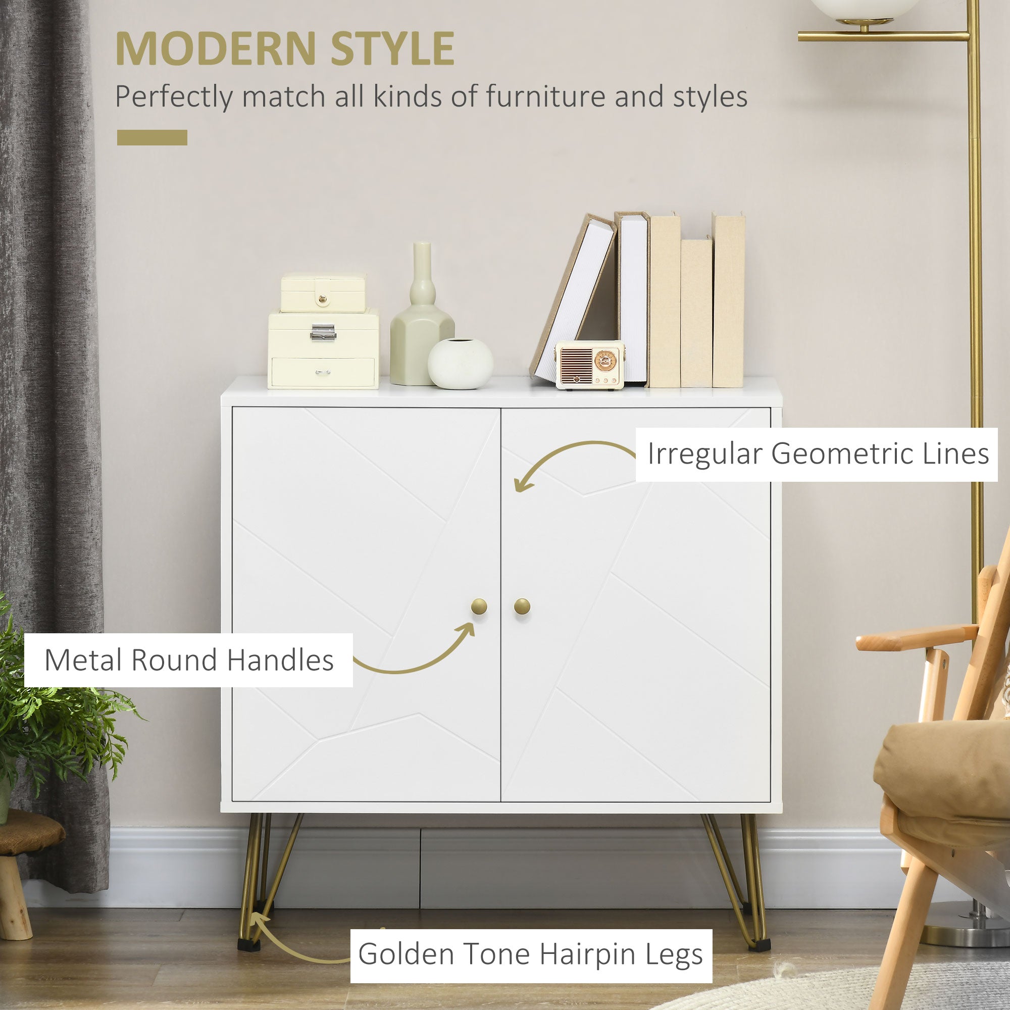 HOMCOM Storage Cabinet Slim Sideboard with Golden Hairpin Legs Adjustable Shelves for Living Room Dining Room Hallway White - North Peak Garden Furniture
