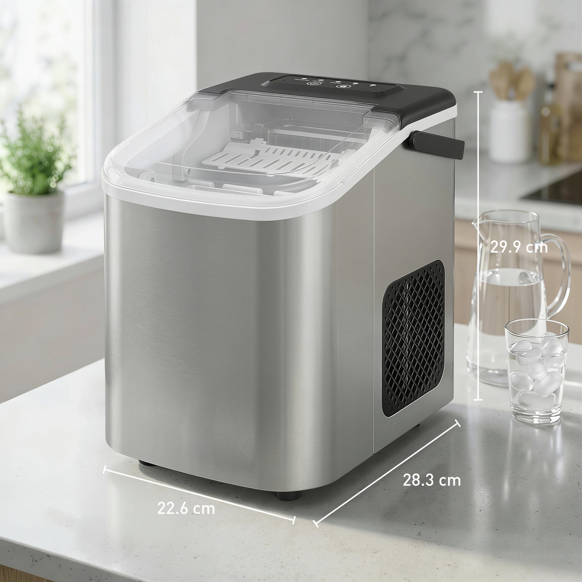 HOMCOM Ice Maker Machine Countertop, 9 Cubes Ready in 7 Mins, 12 KG in 24Hrs, 2 Sizes of Bullet, Self-Cleaning Ice Machine with Portable Handle, Scoop and Basket for Home Kitchen Office RV