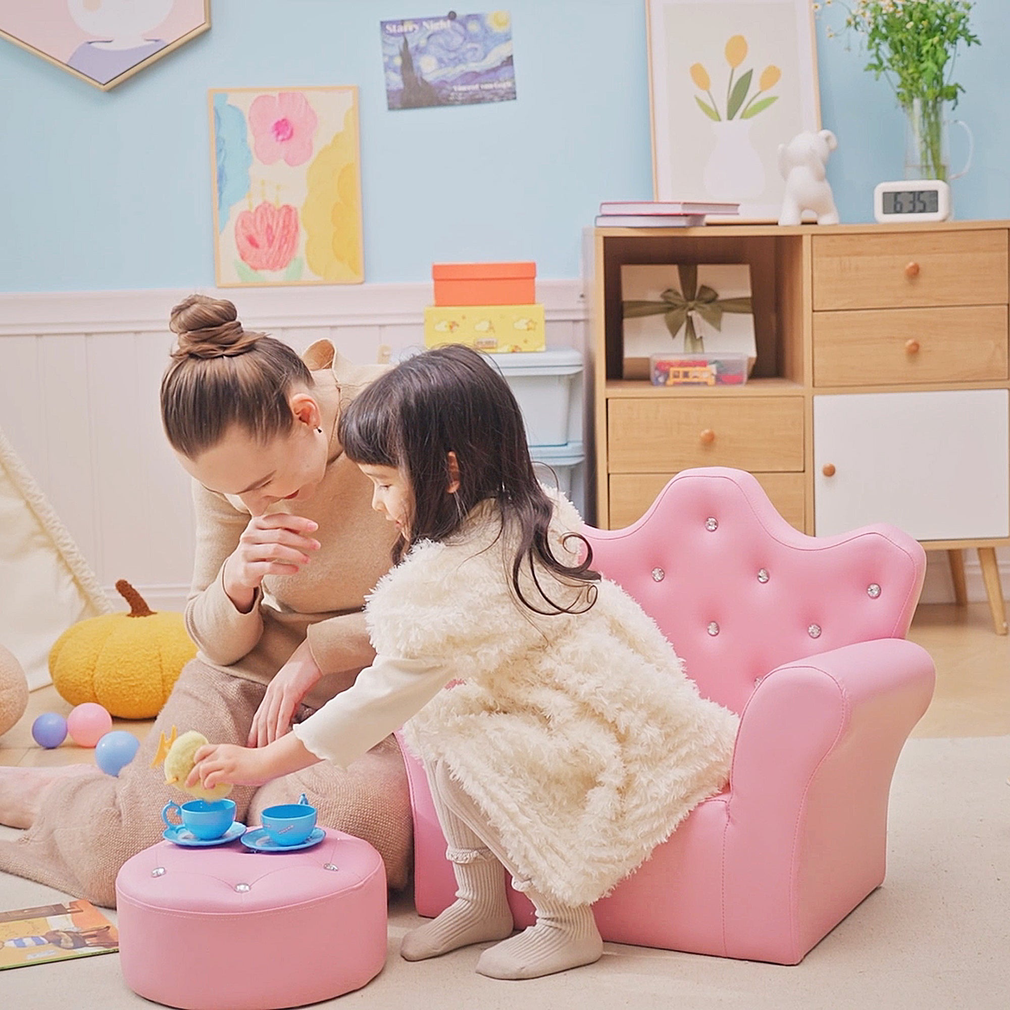 HOMCOM Children Kids Sofa Set Armchair Chair Seat with Free Footstool PU Leather for Girls 58L x 40.5W x 49H cm Pink - North Peak Garden Furniture