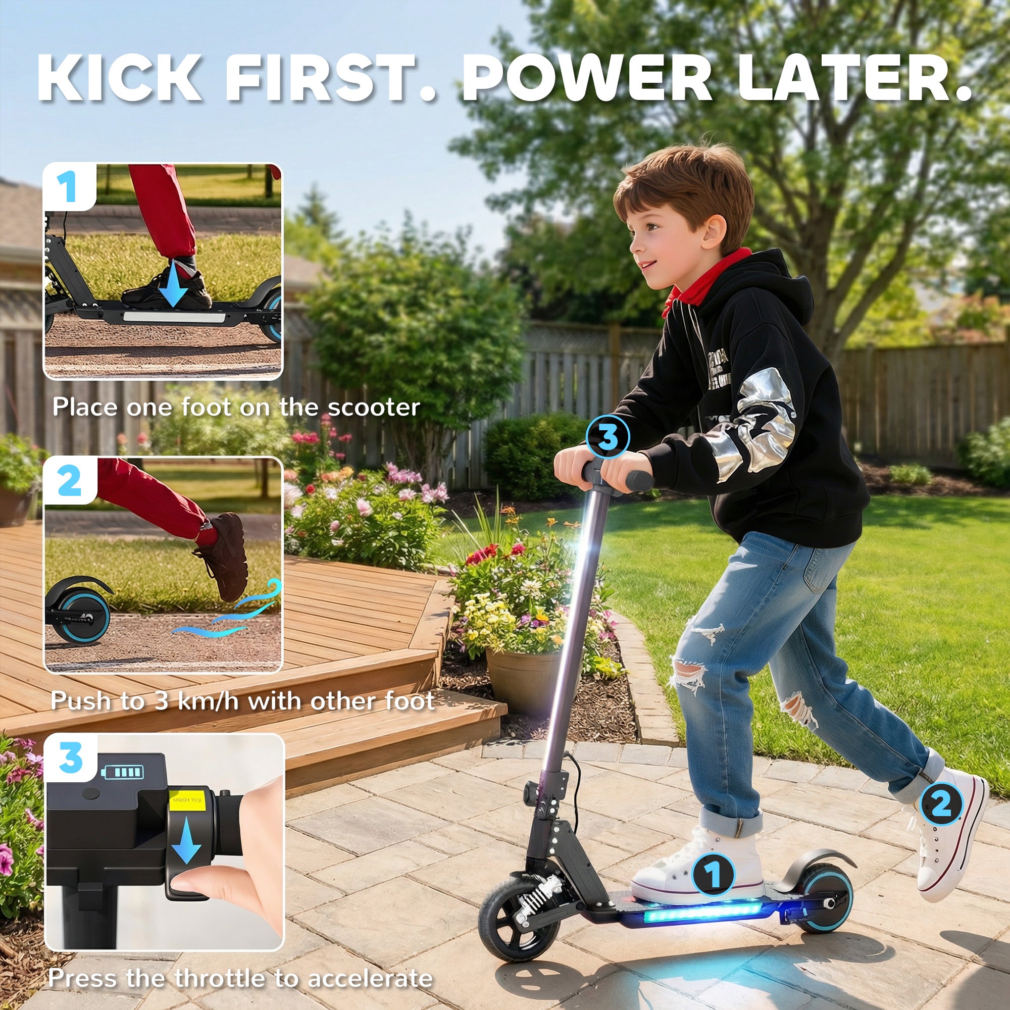 SPORTNOW Folding Electric Scooter for Kids Age 6-14 with Dual Brakes, Front Suspension, LED Colourful Lights and Display, 6.8kg Lightweight Aluminium E Scooter, Up to 14 KM/H & 6 KM, Black