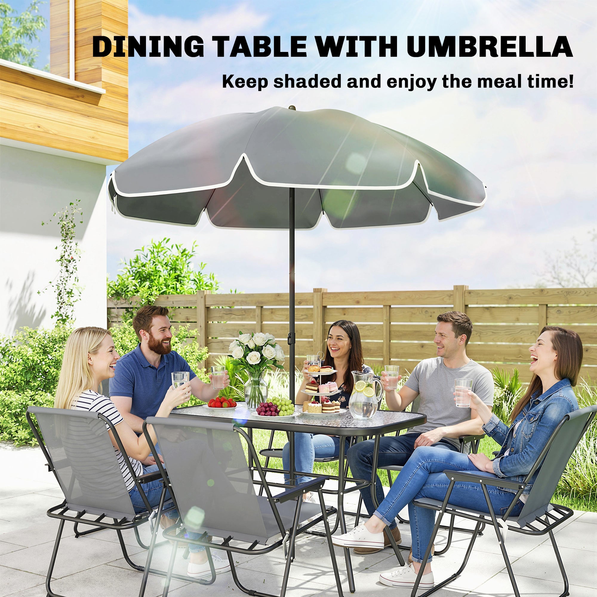 Outsunny 8 Piece Garden Dining Set with Umbrella, Garden Furniture Set with 6 Folding Chairs, Tempered Glass Table for Patio Grey