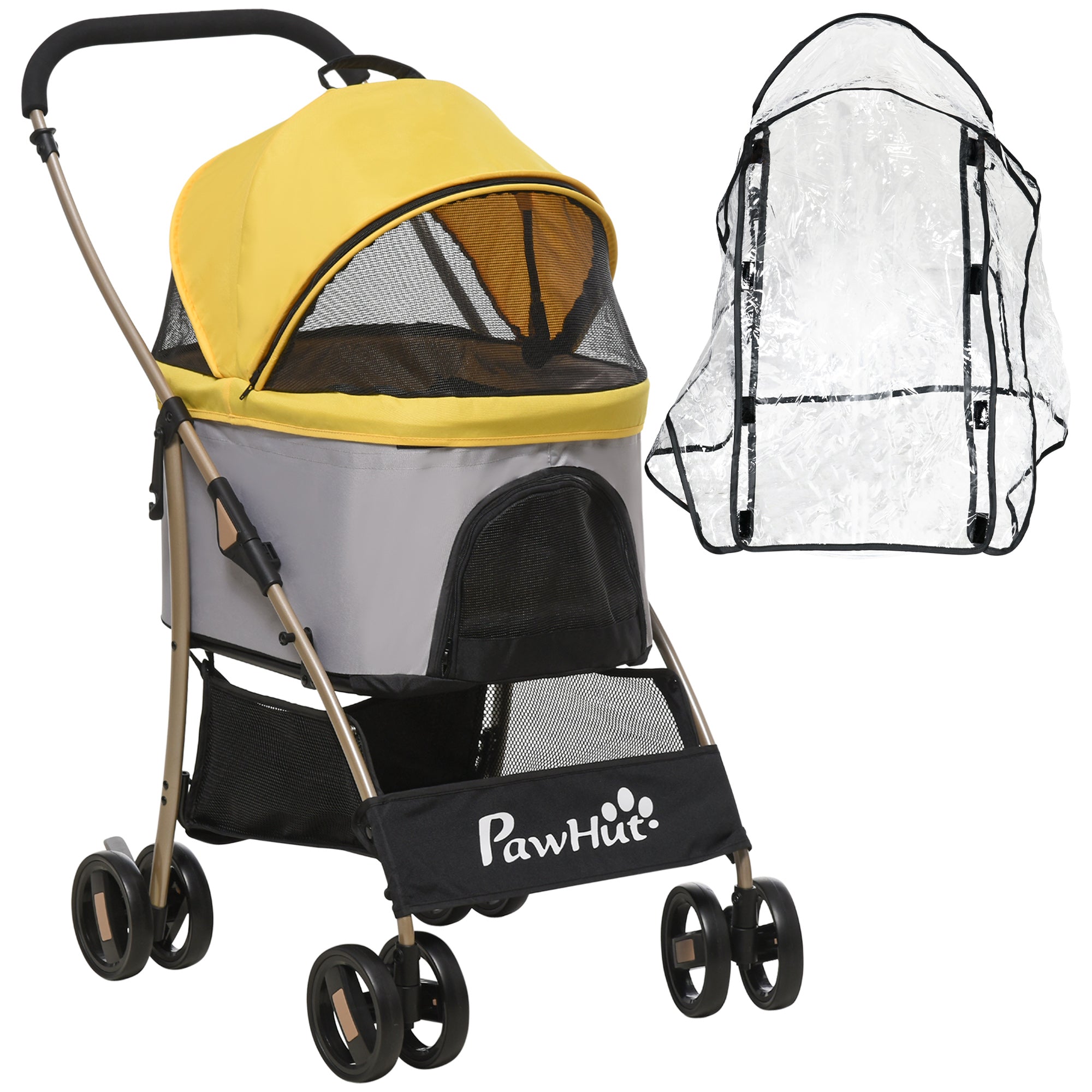 PawHut Detachable Pet Stroller with Rain Cover, 3 In 1 Cat Dog Pushchair, Foldable Carrying Bag w/ Universal Wheels, Brake, Canopy, Basket, Storage Bag for Small and Tiny Dogs - Yellow - North Peak Garden Furniture