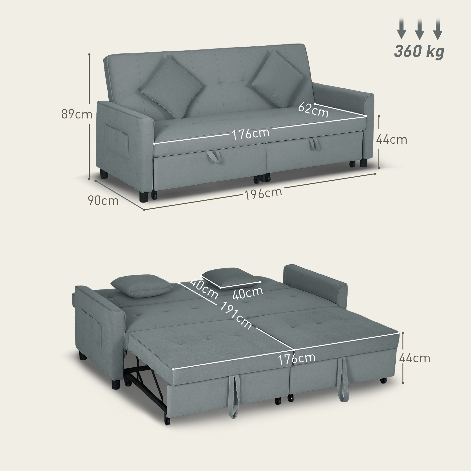 HOMCOM Three-Person Velvet-Feel Sofa Bed - Grey - North Peak Garden Furniture