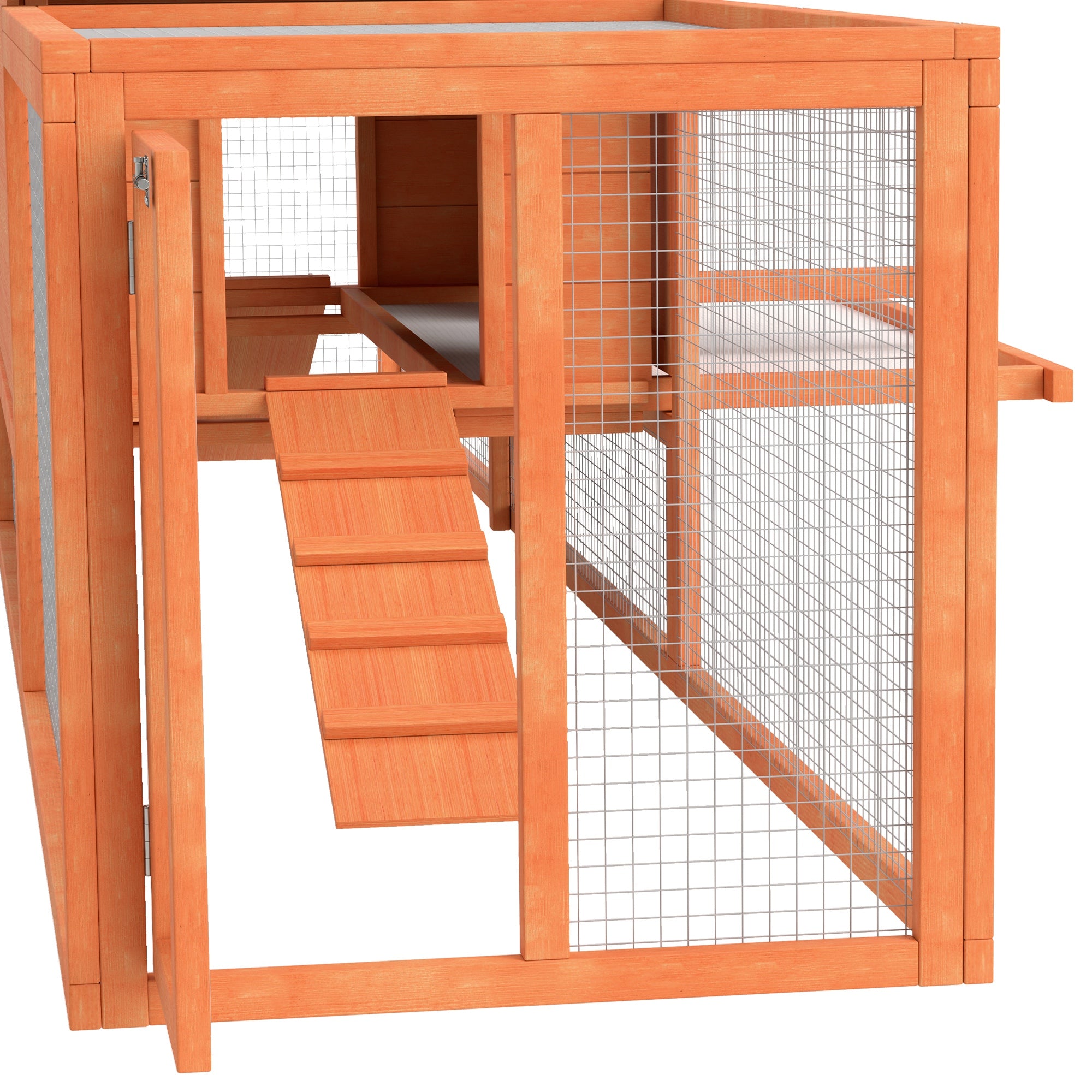 PawHut Wooden Rabbit Hutch with Run, Tray, Ramps, Asphalt Roof, 309 x 70 x 87cm, Orange - North Peak Garden Furniture