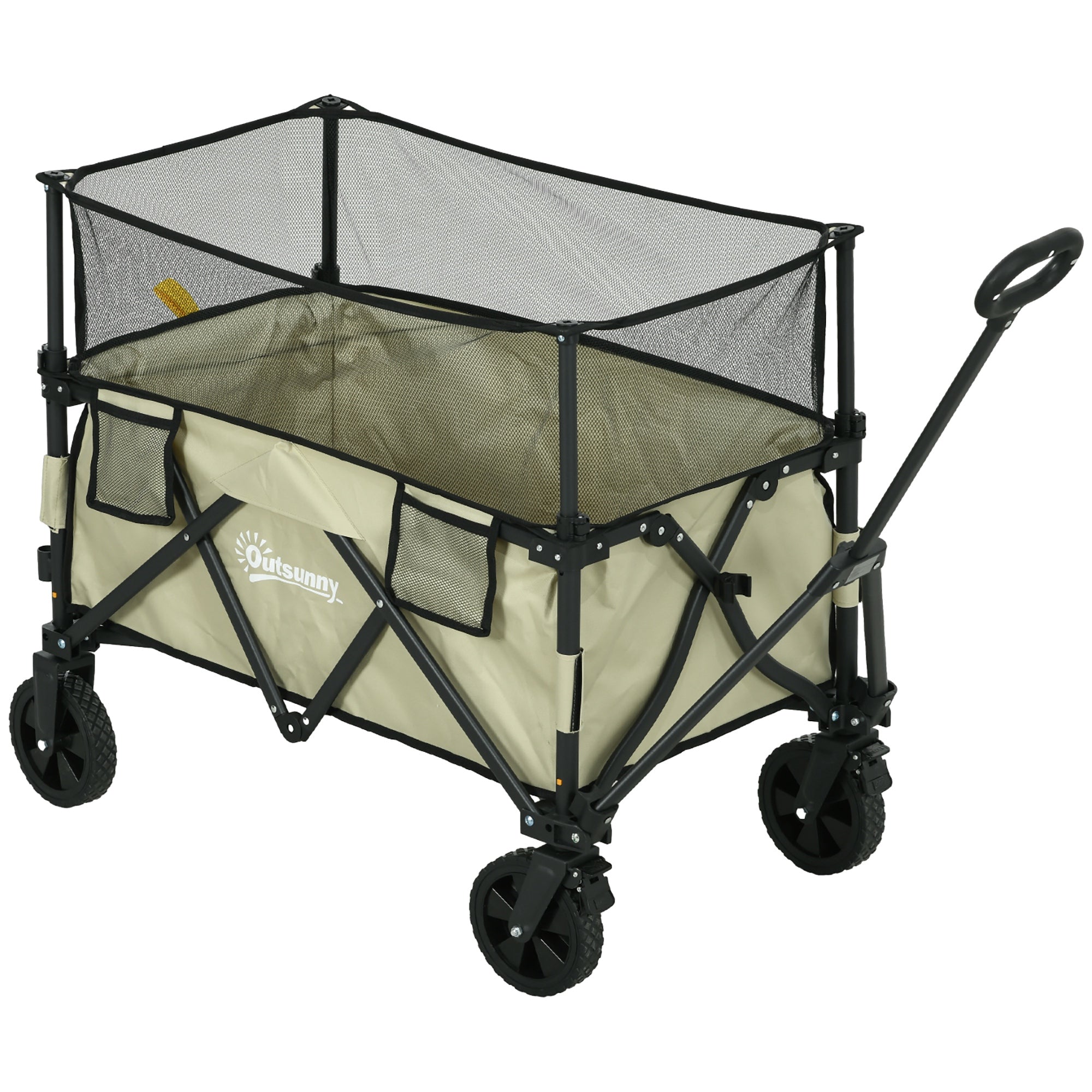 Outsunny Folding Garden Trolley, 180L Wagon Cart with Extendable Side Walls, for Beach, Camping, Festival, Khaki - North Peak Garden Furniture