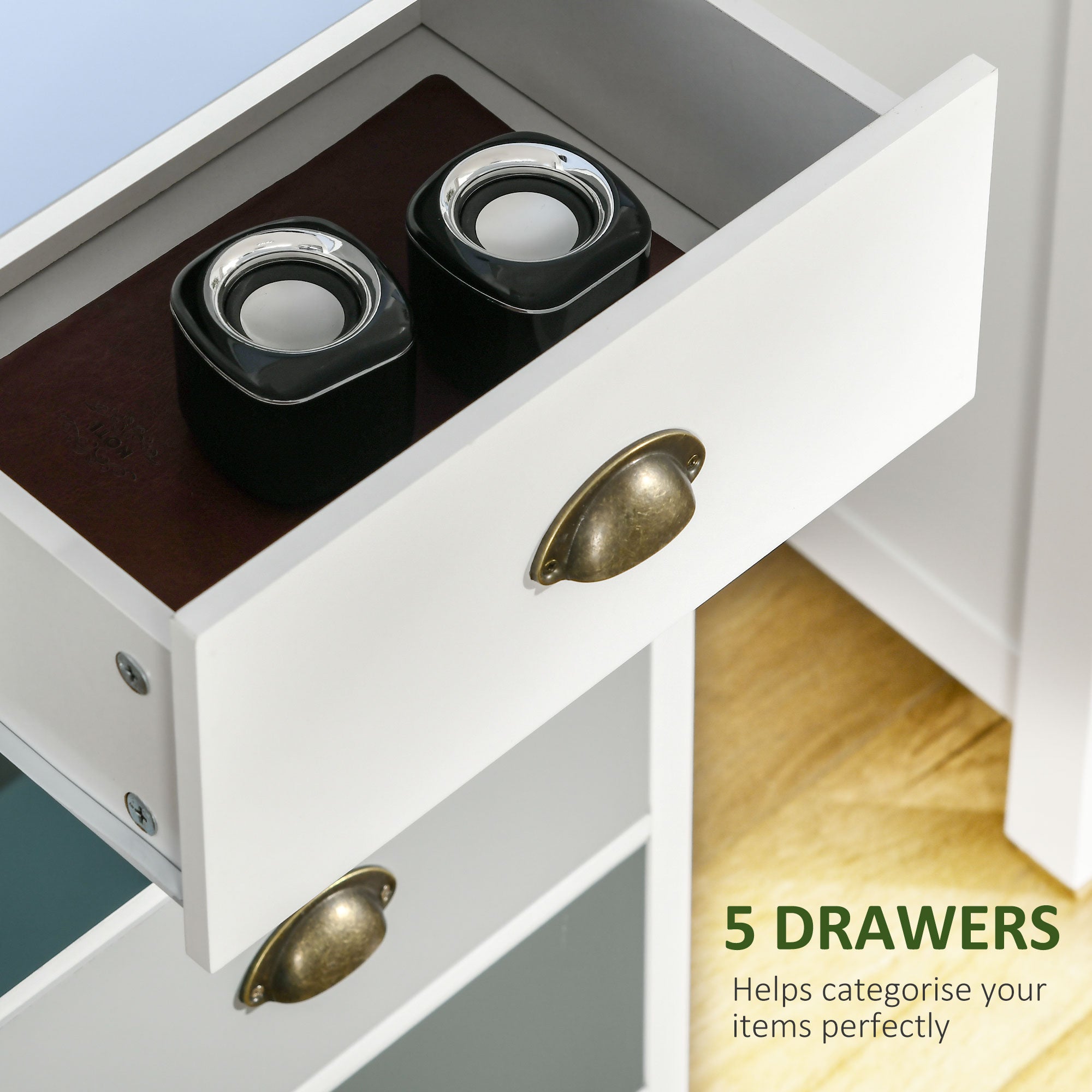 HOMCOM Slim Storage Cabinet Organiser, Chest of Drawers, 5-Drawer Dresser with Metal Handle for Living Room, Bedroom, Blue - North Peak Garden Furniture