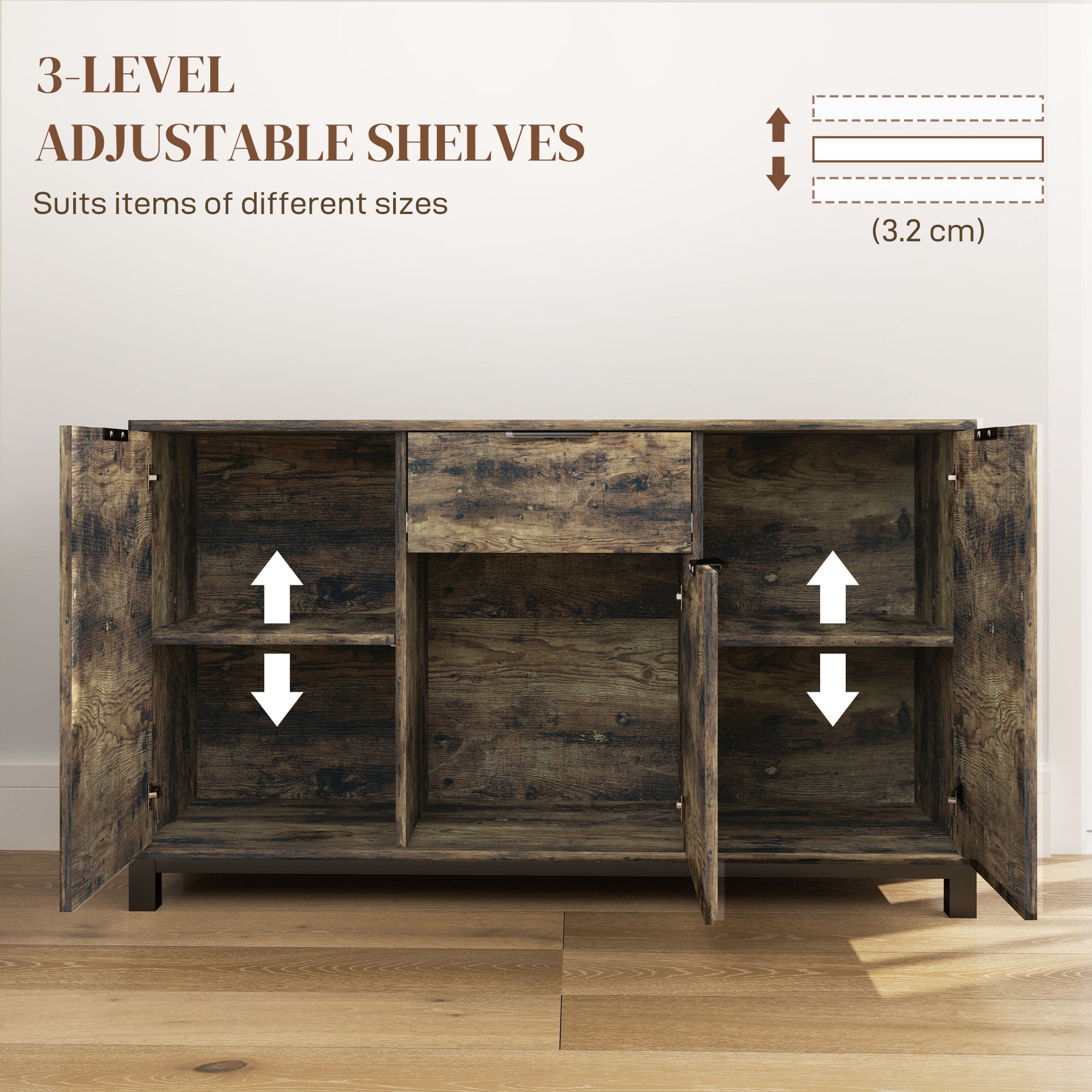 HOMCOM Sideboard, Industrial Storage Cabinet with Doors, Drawer, Cupboard and Adjustable Shelves for Living Room, Dining Room, Hallway, Rustic Brown - North Peak Garden Furniture