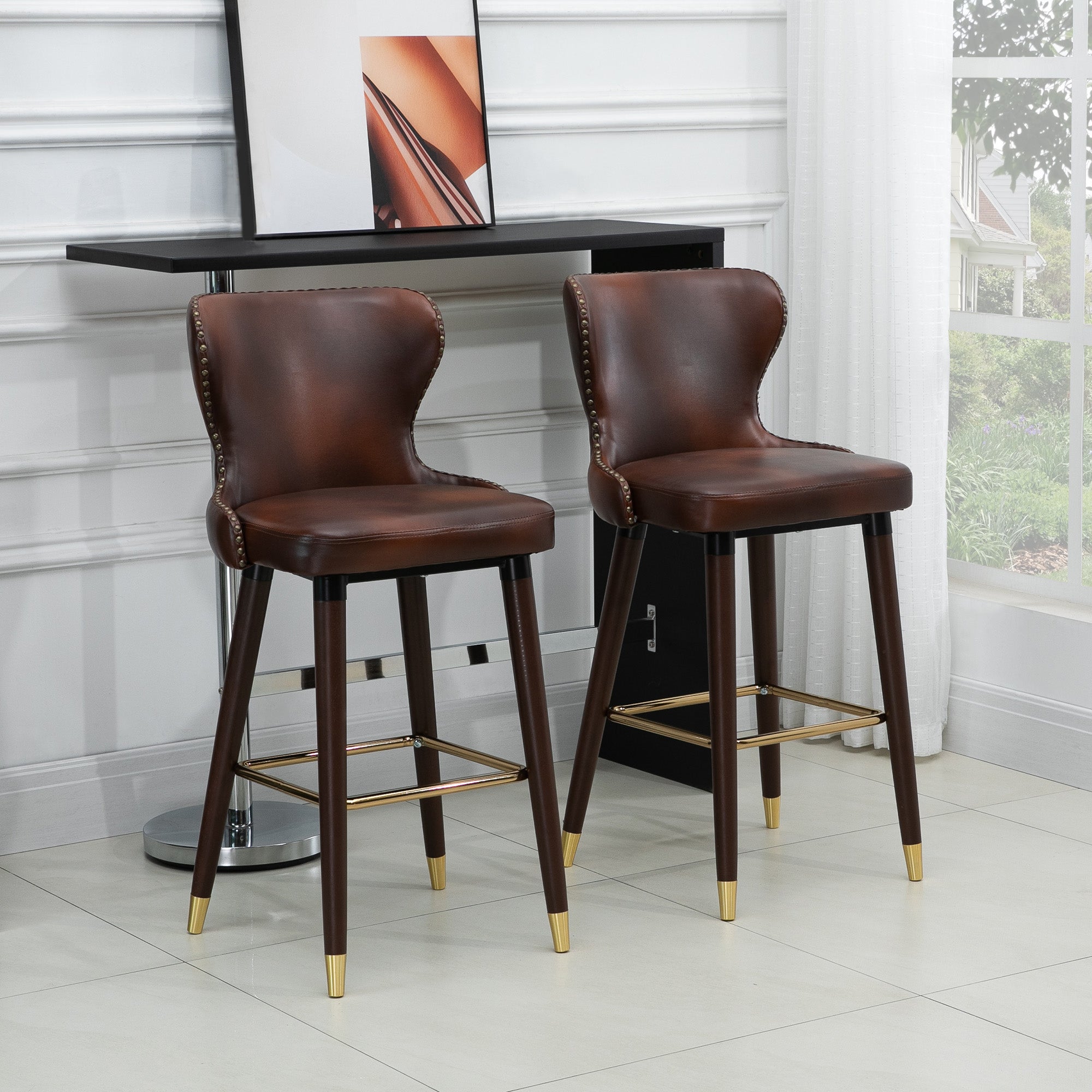 HOMCOM Bar Stools Set of 2, PU Leather Vintage Counter-Height Bar Chair, Luxury European Style Kitchen Stools with Back, Brown - North Peak Garden Furniture