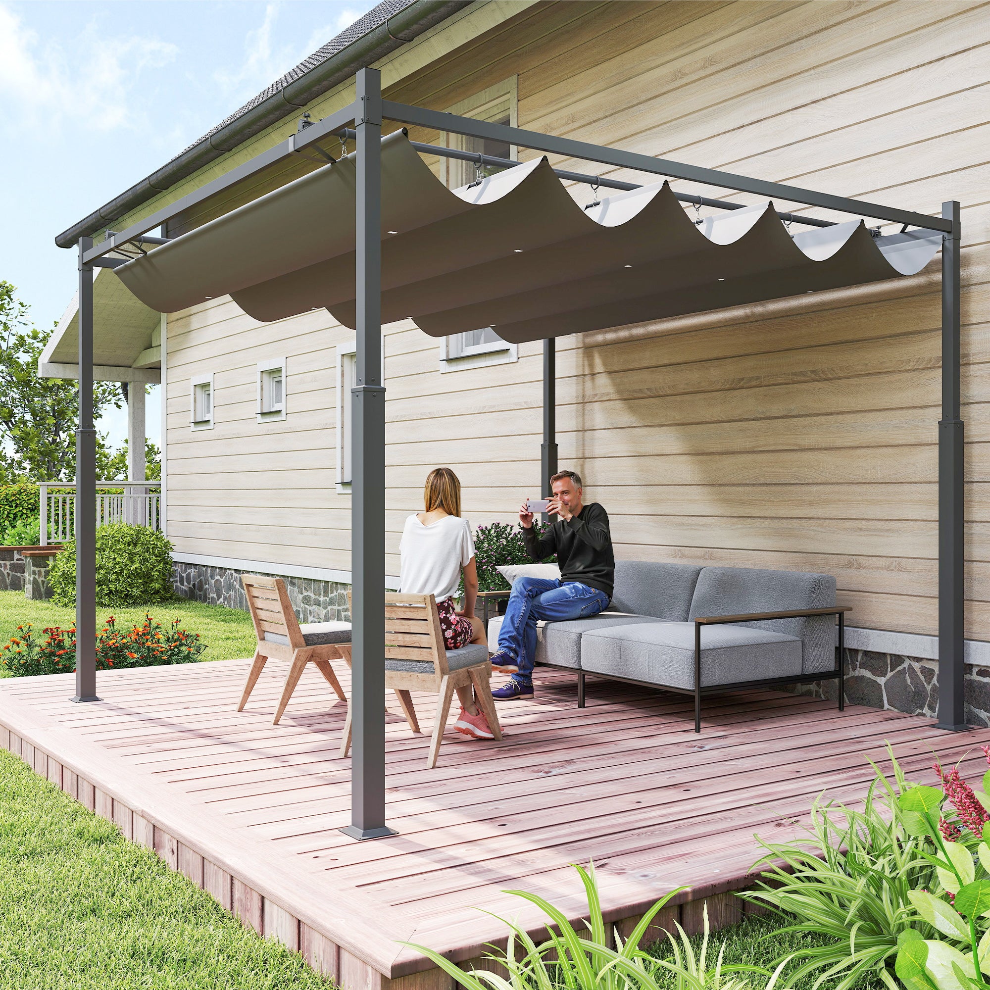 Outsunny 3 x 3(m) Garden Pergola with Retractable Roof and Magnetic Fixture, Outdoor Pergola Kit Sun Shade Canopy, UPF30+, 80mm Metal Column, Grey - North Peak Garden Furniture
