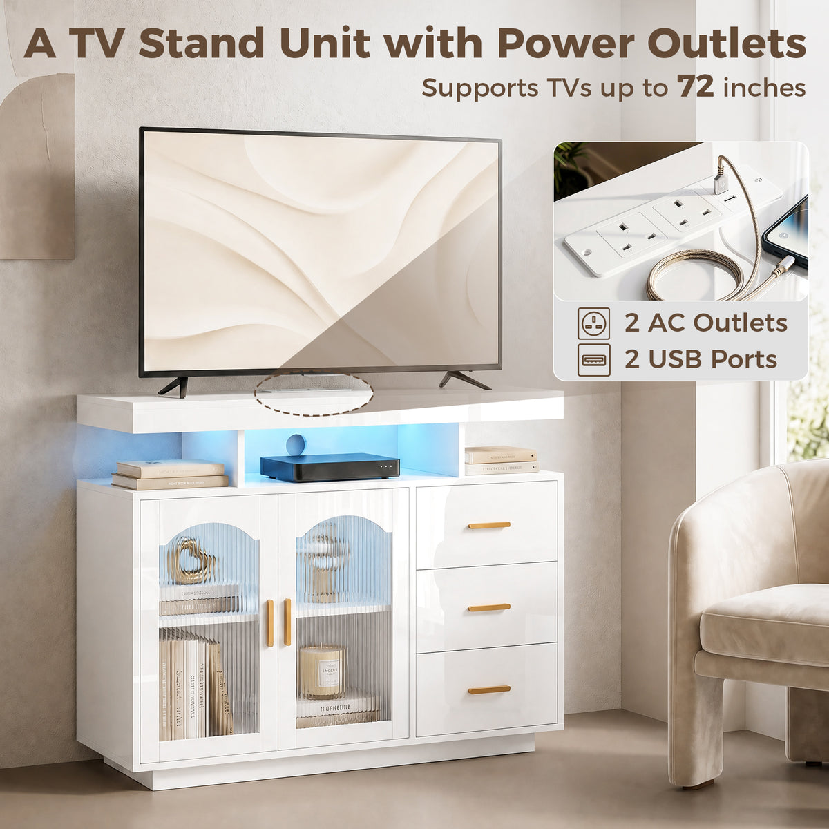 HOMCOM High Gloss Sideboard with LED Lights, Built-in Power Outlets, 3 Drawers, Shelves and 2 Acrylic Doors, White