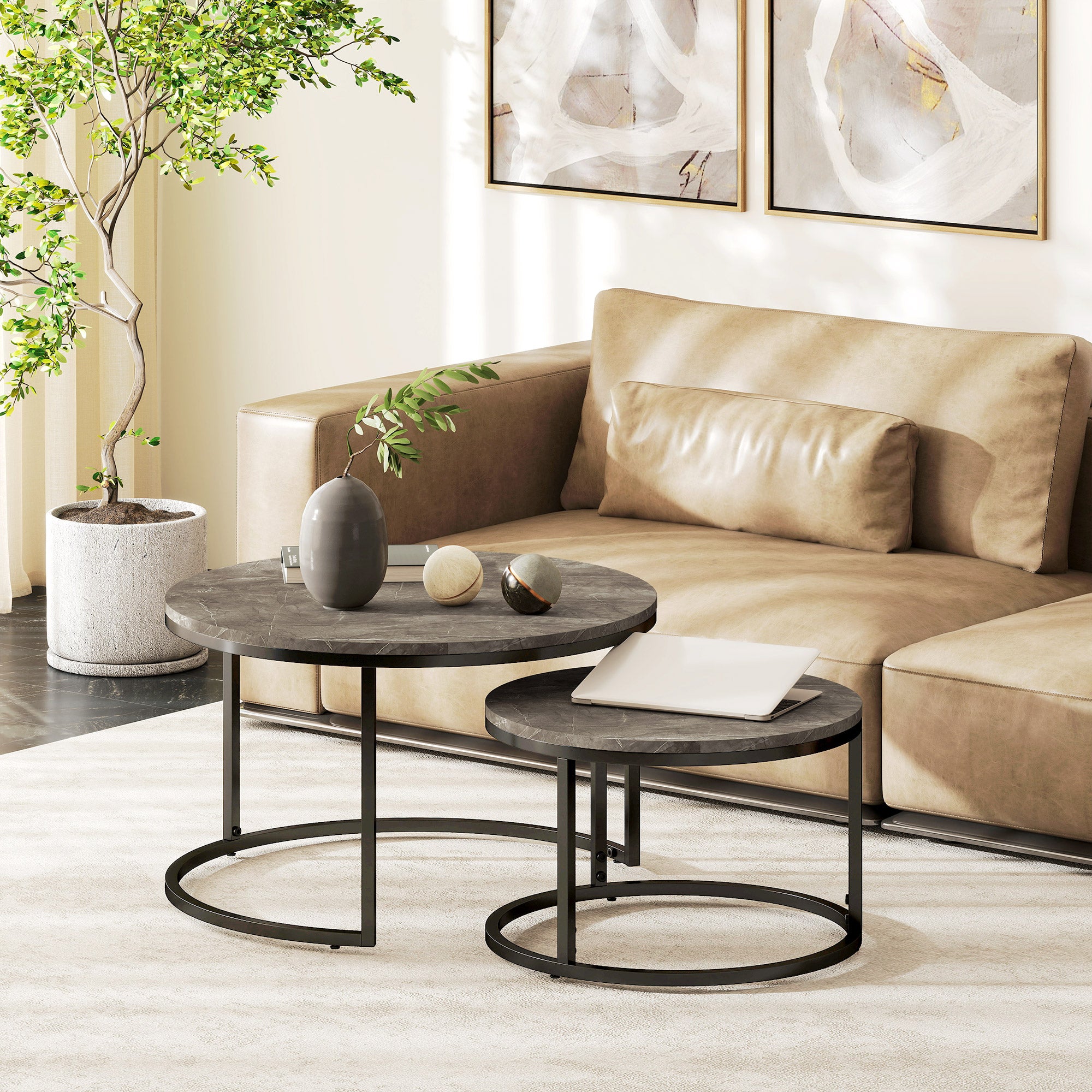 HOMCOM Industrial Nesting Coffee Table Set of 2, Round Coffee Tables, Living Room Table with Faux Marbled Top and Steel Frame - North Peak Garden Furniture