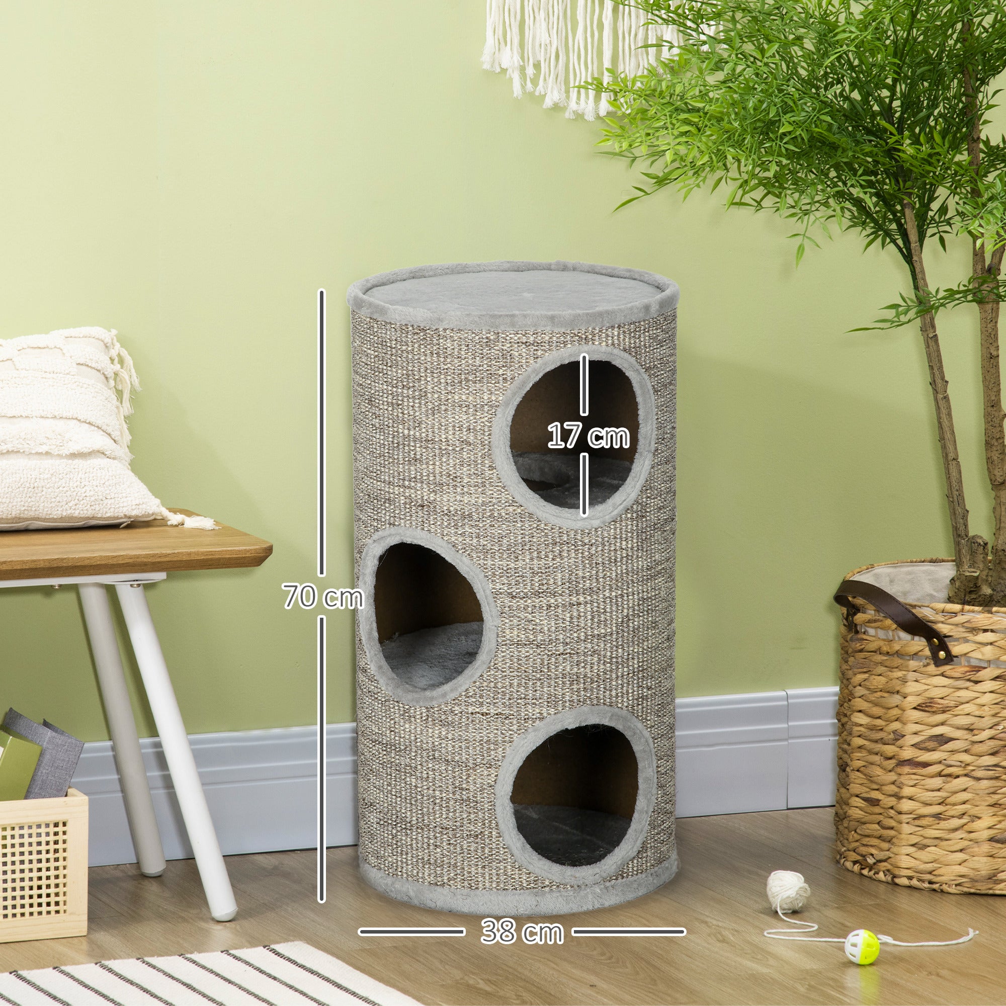 PawHut Cat Climbing Frame, Covered with Sisal, Cosy Platform - Light Grey - North Peak Garden Furniture
