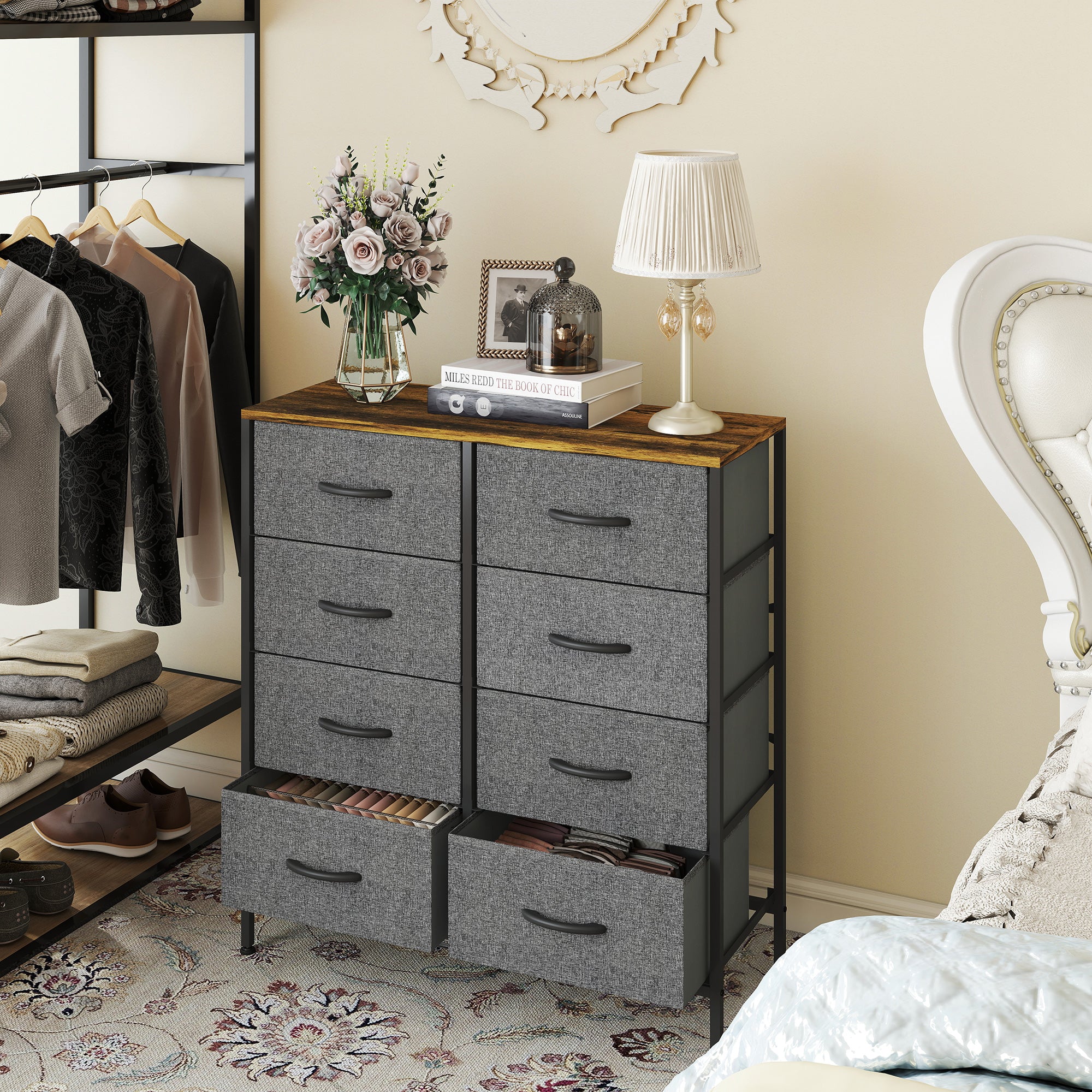 HOMCOM Fabric Chest of Drawers, Industrial Bedroom Dresser with 8 Fabric Drawers, Steel Frame and Wooden Top for Nursery, Living Room, Hallway, Rustic Brown and Grey