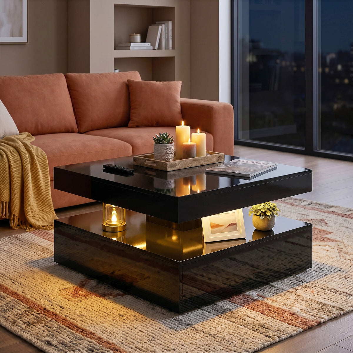 HOMCOM LED Coffee Table with Storage, 2-Tier Modern Centre Table with Open Shelf and Remote for Living Room, High Gloss Black
