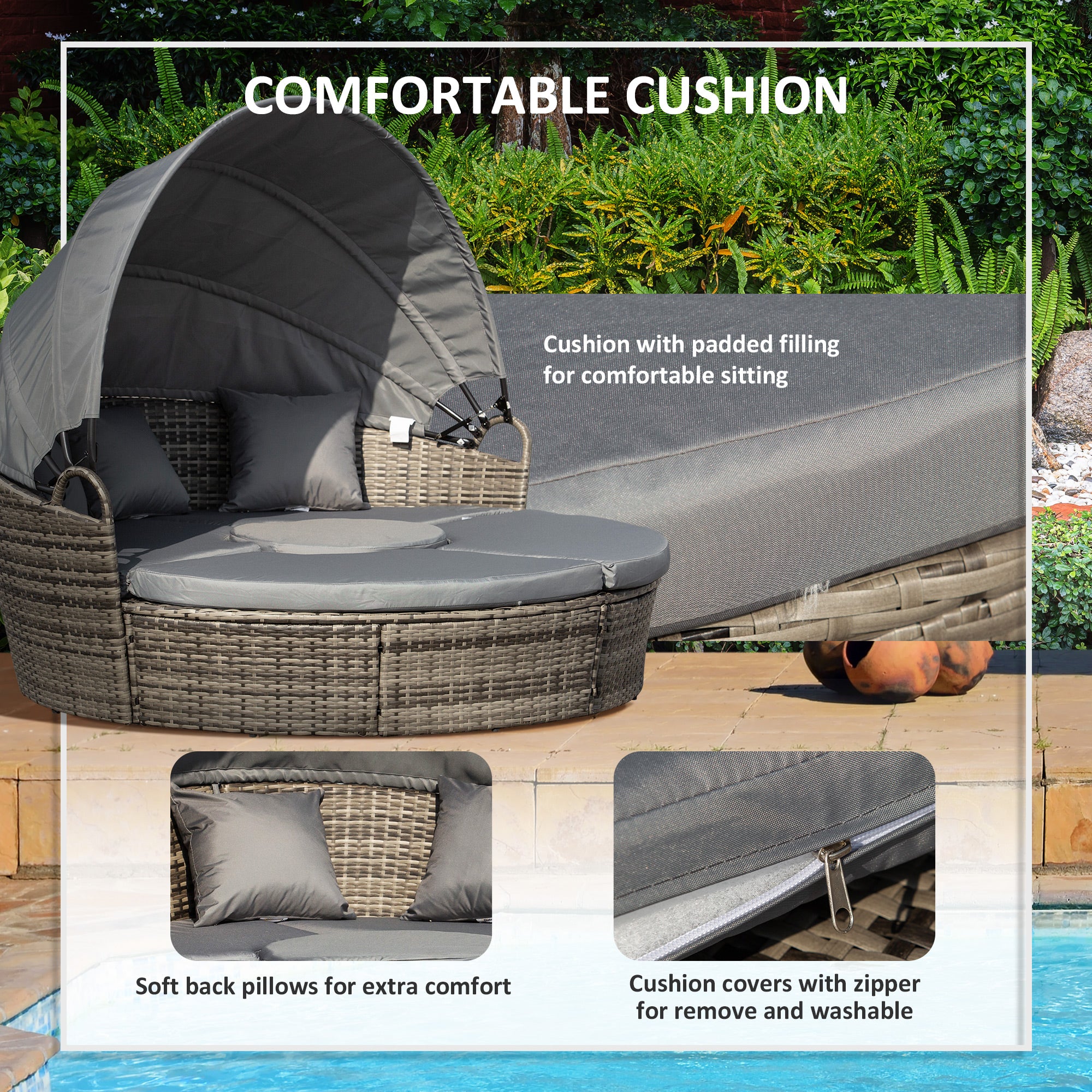 Outsunny Outdoor PE Rattan Garden Furniture with Cushioned, Patio Wicker Conversation Furniture Set, Round Daybed with Retractable Canopy, Coffee Table and Three Pillows, Dark Grey - North Peak Garden Furniture