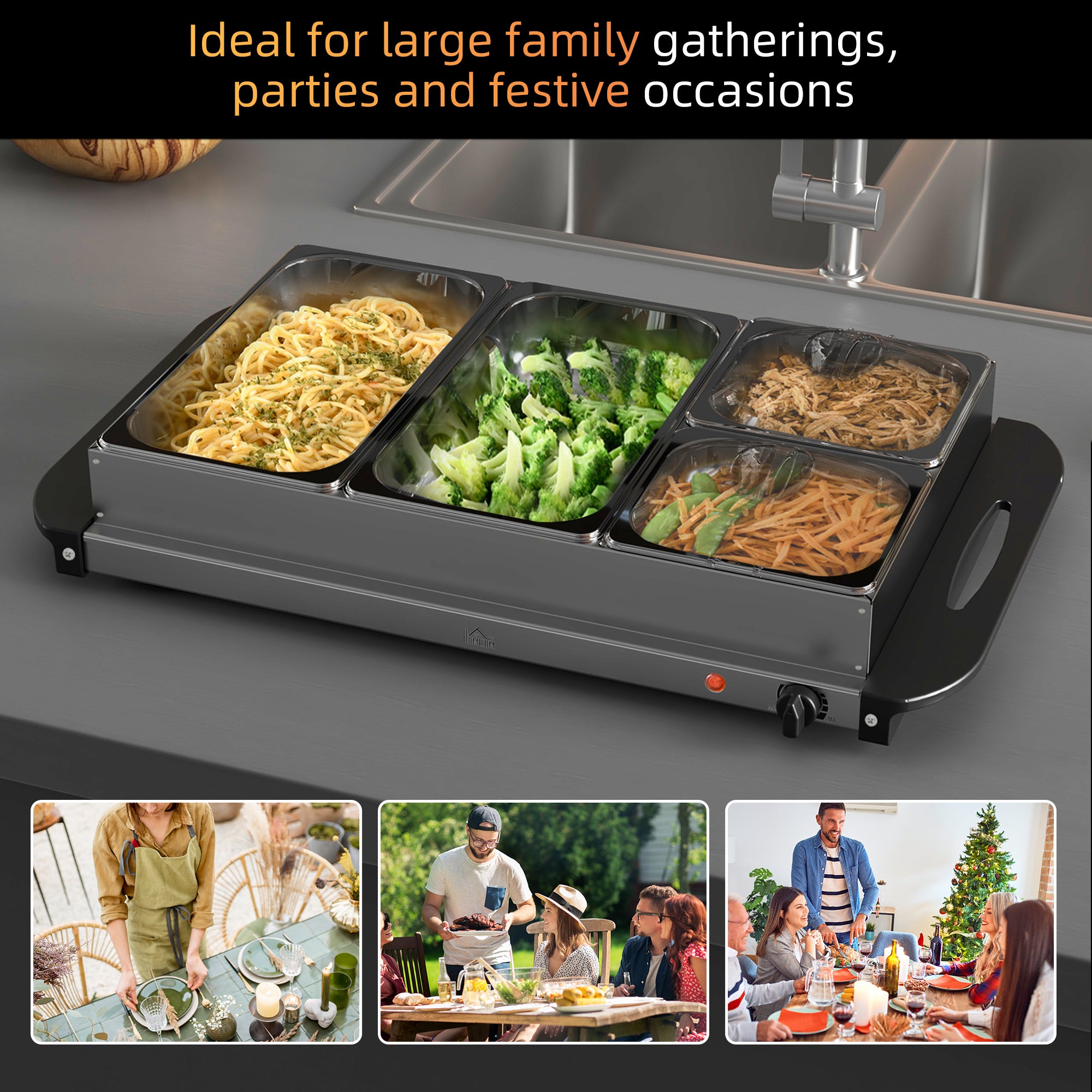 HOMCOM 4 Tray Electric Food Warmer Buffet Server with Warming Plate, Cool Touch Handles, Adjustable Temperature, 300W, 2 x 2.4L and 2 x 1L Pans - North Peak Garden Furniture