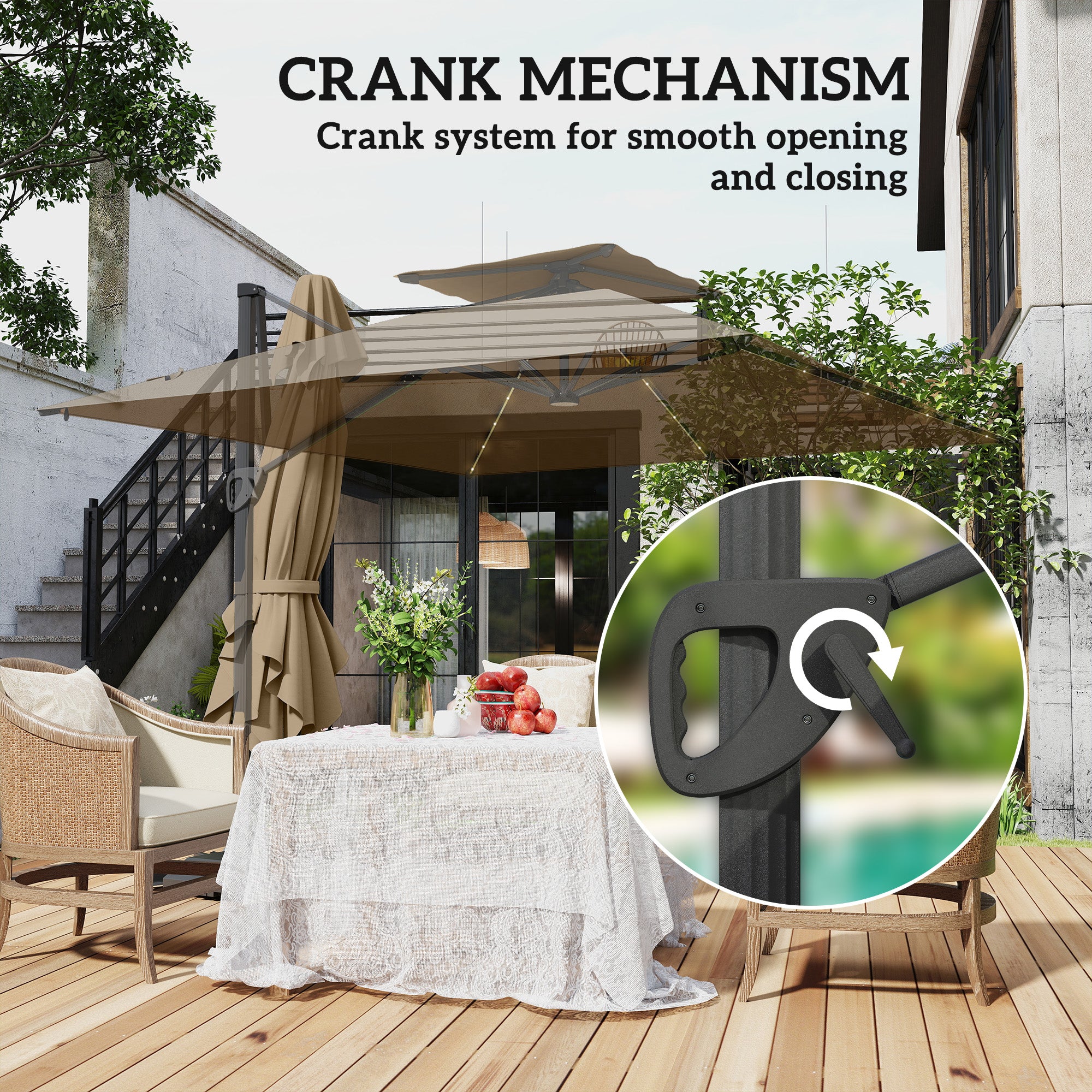 Outsunny 3.5x3 m Garden Cantilever Parasol with Solar LED Lights and Centre Light, Aluminium Large Square Patio Umbrella, UPF50+ Hanging Sun Shade with Cross Base, Crank Handle and Tilt, Khaki - North Peak Garden Furniture