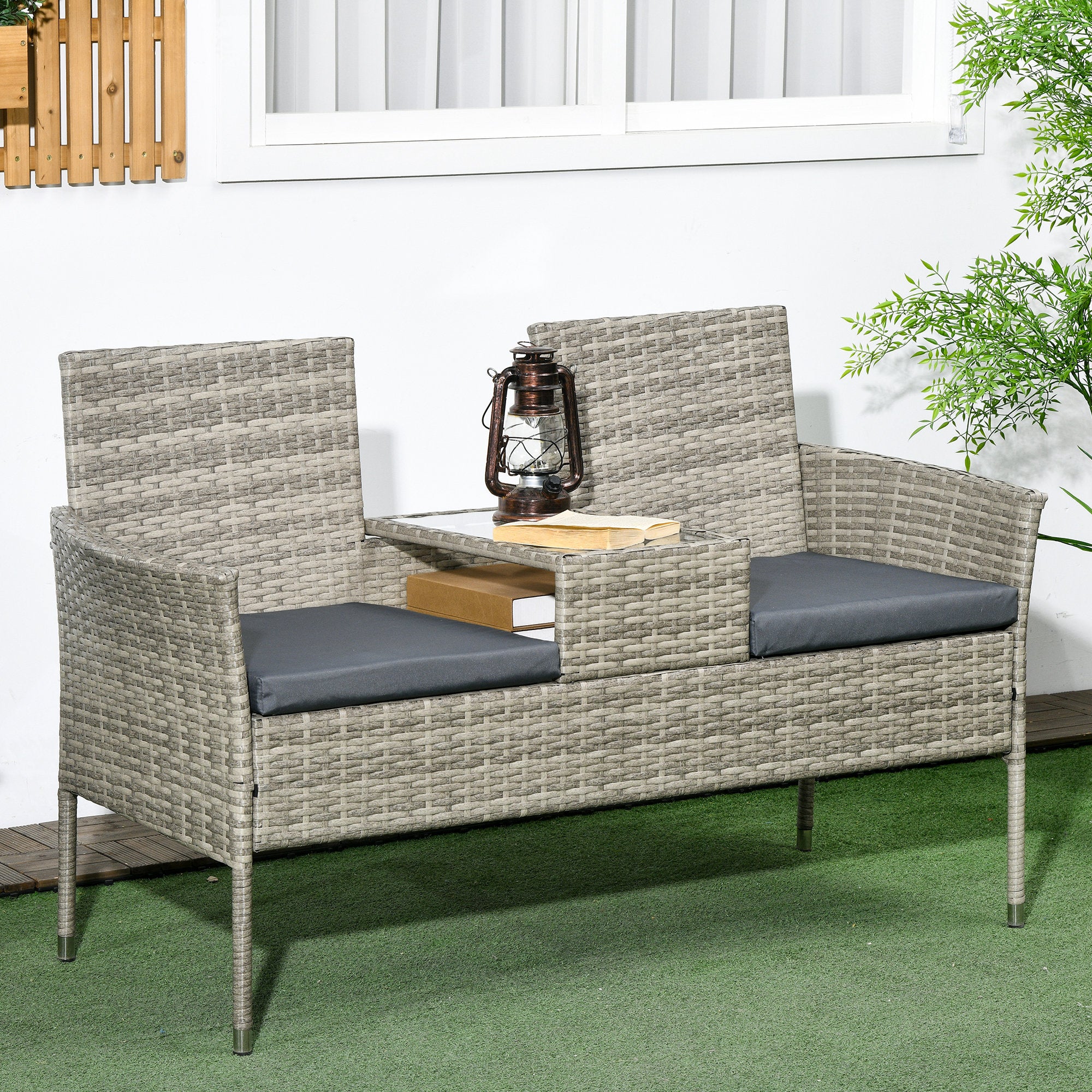 Outsunny Two-Seat Rattan Chair, with Middle Table - Light Grey - North Peak Garden Furniture