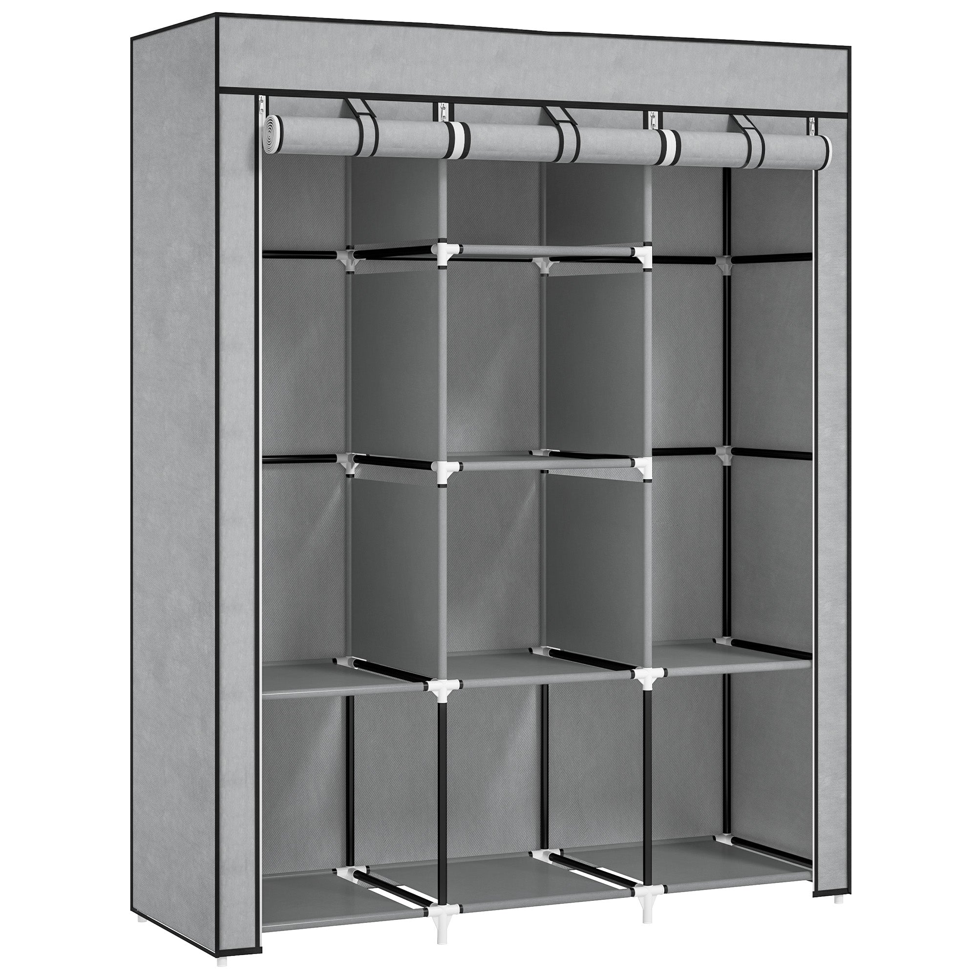 HOMCOM Fabric Wardrobe, Portable Wardrobe, Clothes Storage Unit with 8 Shelves, 2 Hanging Rods, 125 x 43 x 162.5 cm, Light Grey - North Peak Garden Furniture
