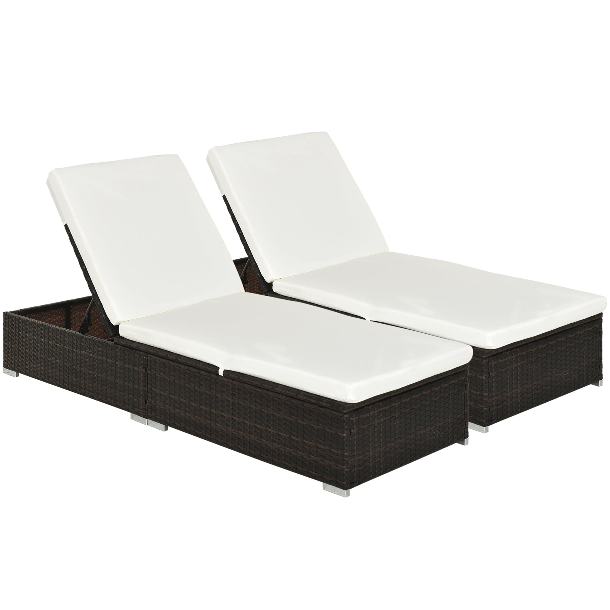 Outsunny PE Rattan Sun Lounger with Cushion, Outdoor Garden Sunbed Furniture with 5-Level Recliner Backrest, and Armrest, Set of 2, Brown - North Peak Garden Furniture