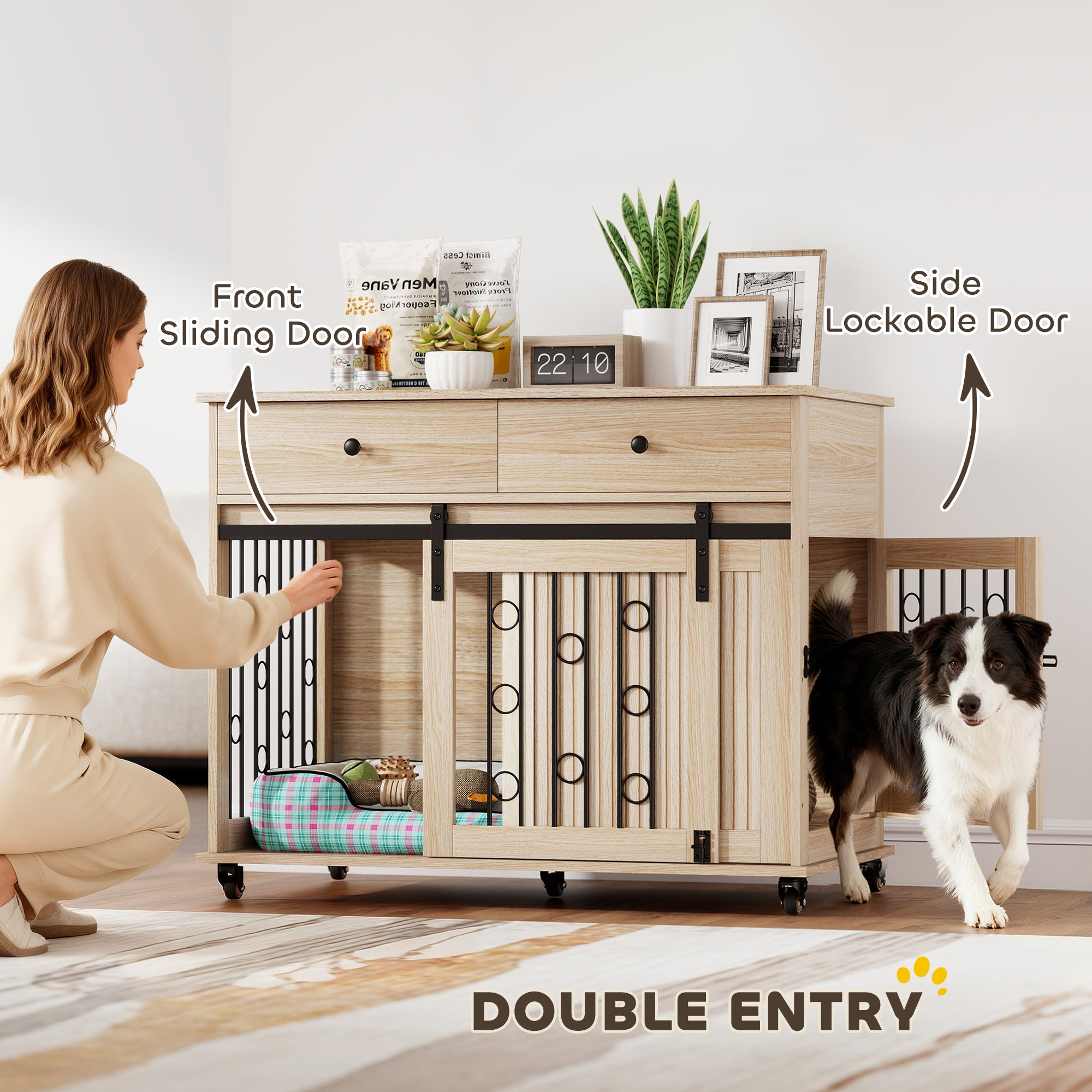 PawHut Dog Crate Furniture on Wheels, Dog Cage with 2 Drawers, Sliding Door, for Medium Large Dogs, Oak Tone