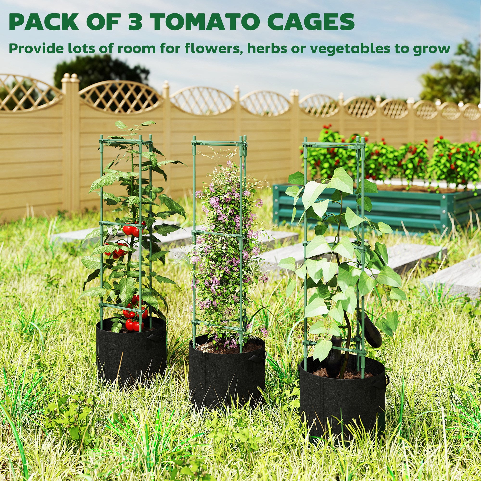 Outsunny 3 Packs Tomato Cages with 83.7L Grow Bags, 47.2" Adjutstable Triangle Plant Stakes Support Trellis with Planter Bags