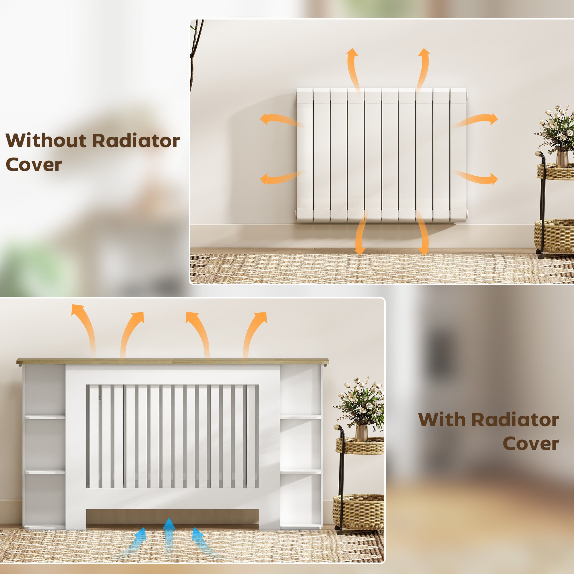 HOMCOM Radiator Cover with Open Storage Shelves, Vertical Slatted Cabinet Shelf Heater Cover for Living Room, Hallway, Large, White