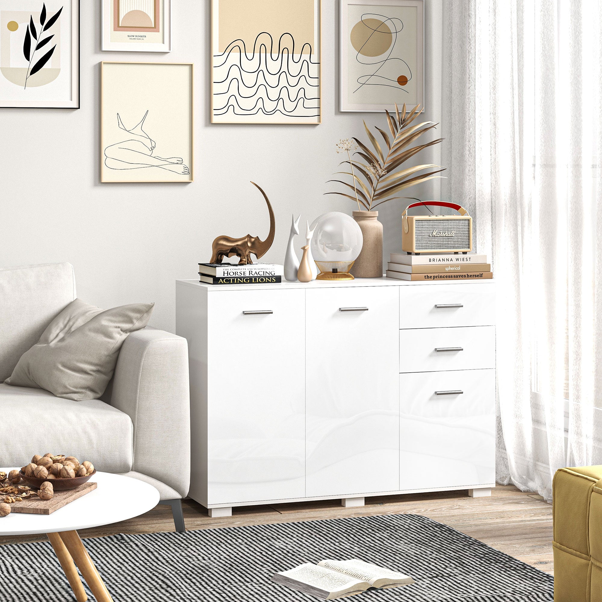 HOMCOM Sideboard, Modern Storage Cabinet with 2 Drawers, 3 Doors and Adjustable Shelves, Kitchen Cabinet for Living Room, Dining Room, High Gloss White - North Peak Garden Furniture