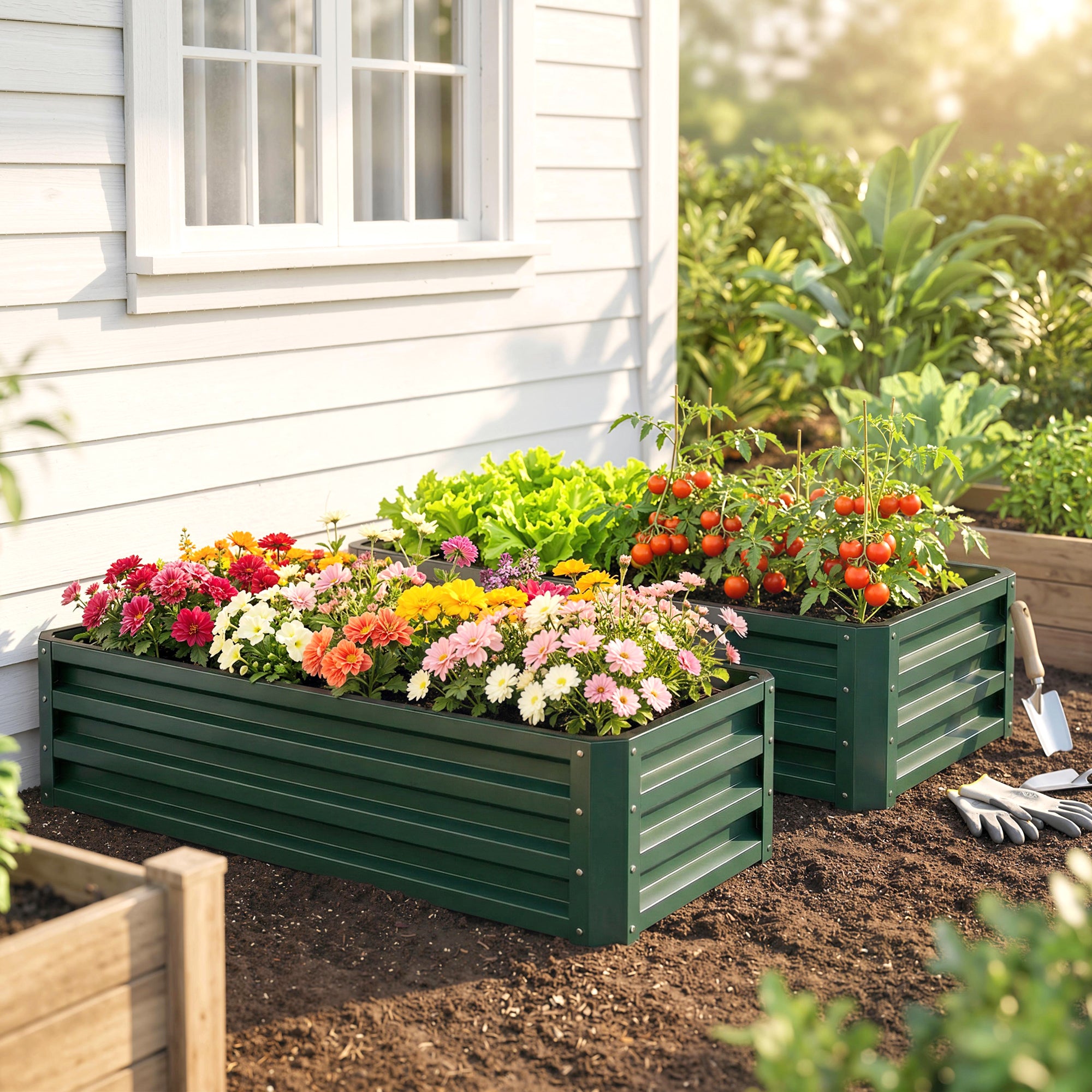 Outsunny Set of Two 110 x 50 cm Steel Planter Boxes - Green