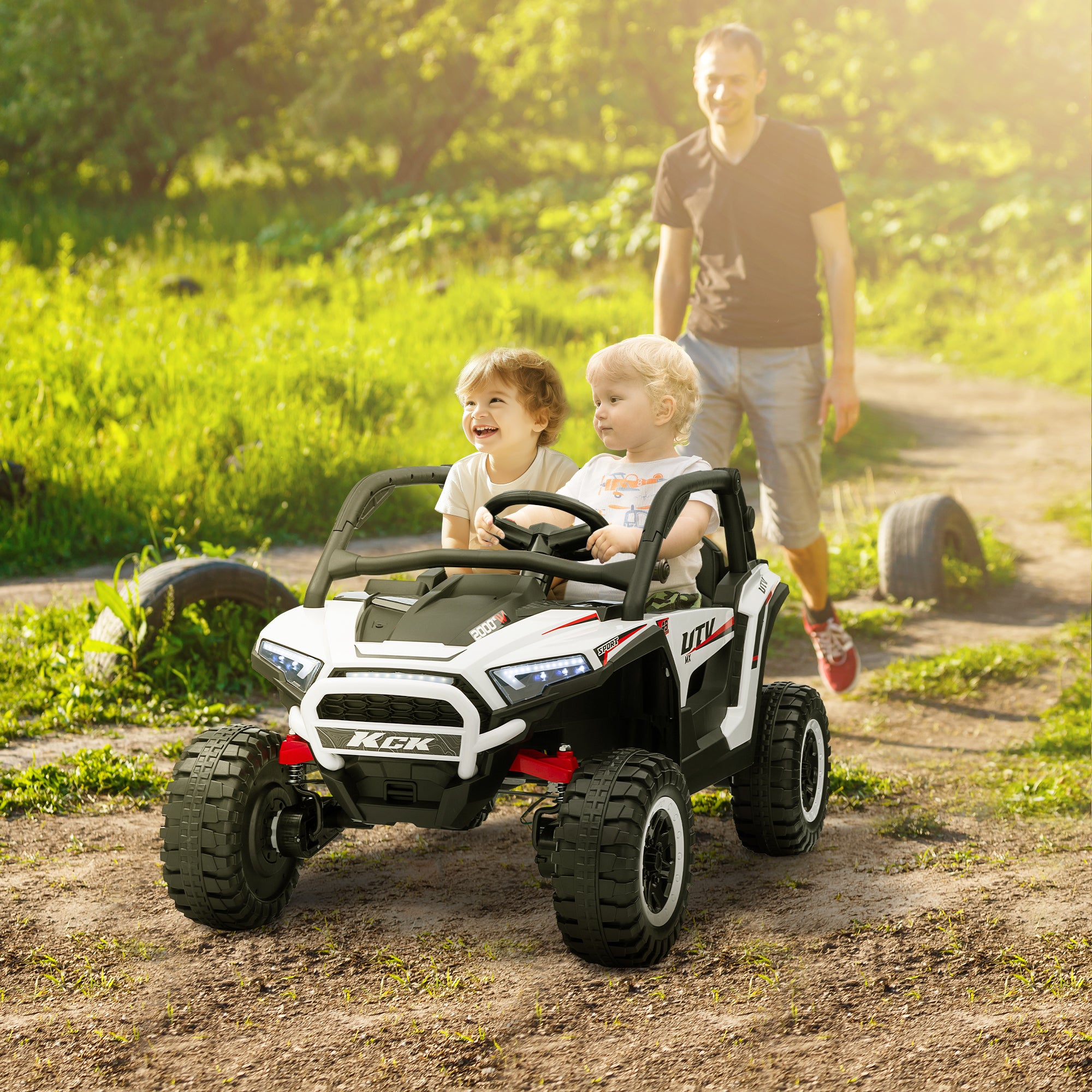 AIYAPLAY 2 Seater 24V 7AH Ride on Truck, Battery Powered Electric Ride On Car w/ Remote, Suspension, 3 Speeds - White - North Peak Garden Furniture