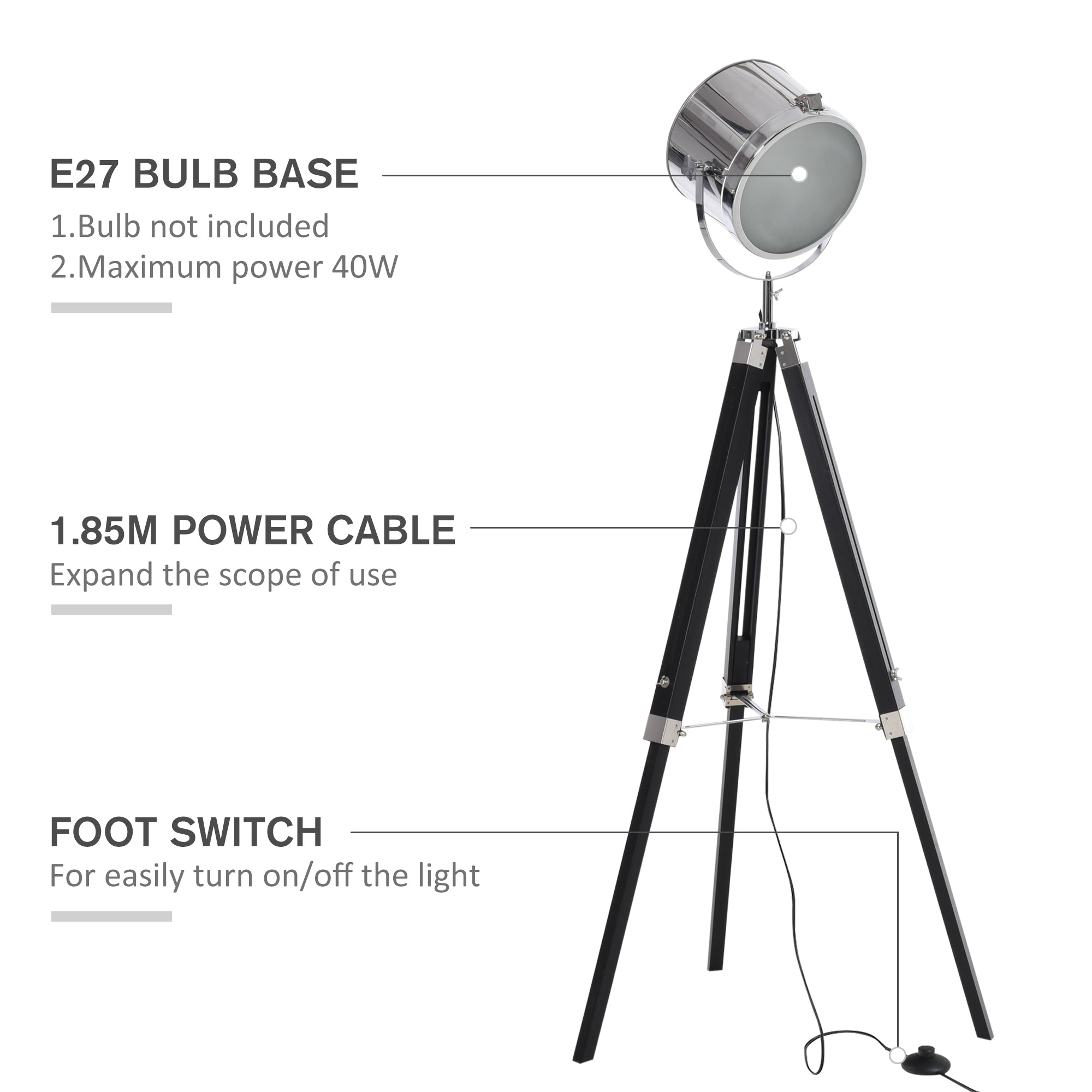 HOMCOM Industrial Style Adjustable Tripod Floor Lamp, Searchlight Lamp with Wooden Legs and Steel Lampshade, 110-155cm, Black - North Peak Garden Furniture