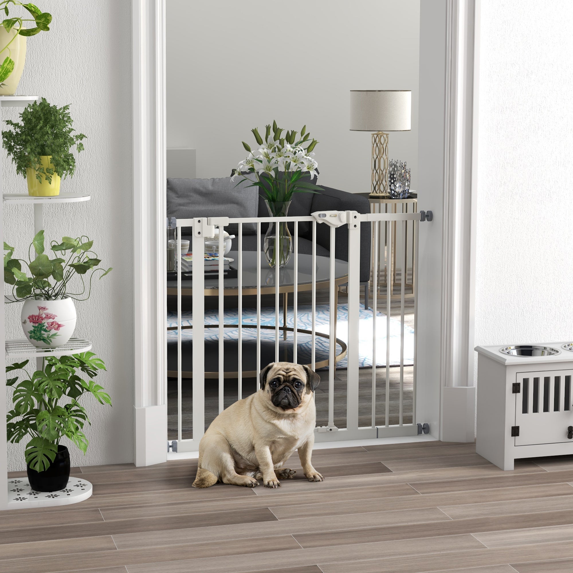 PawHut Metal 74-94cm Wide Adjustable Dog Gate White - North Peak Garden Furniture