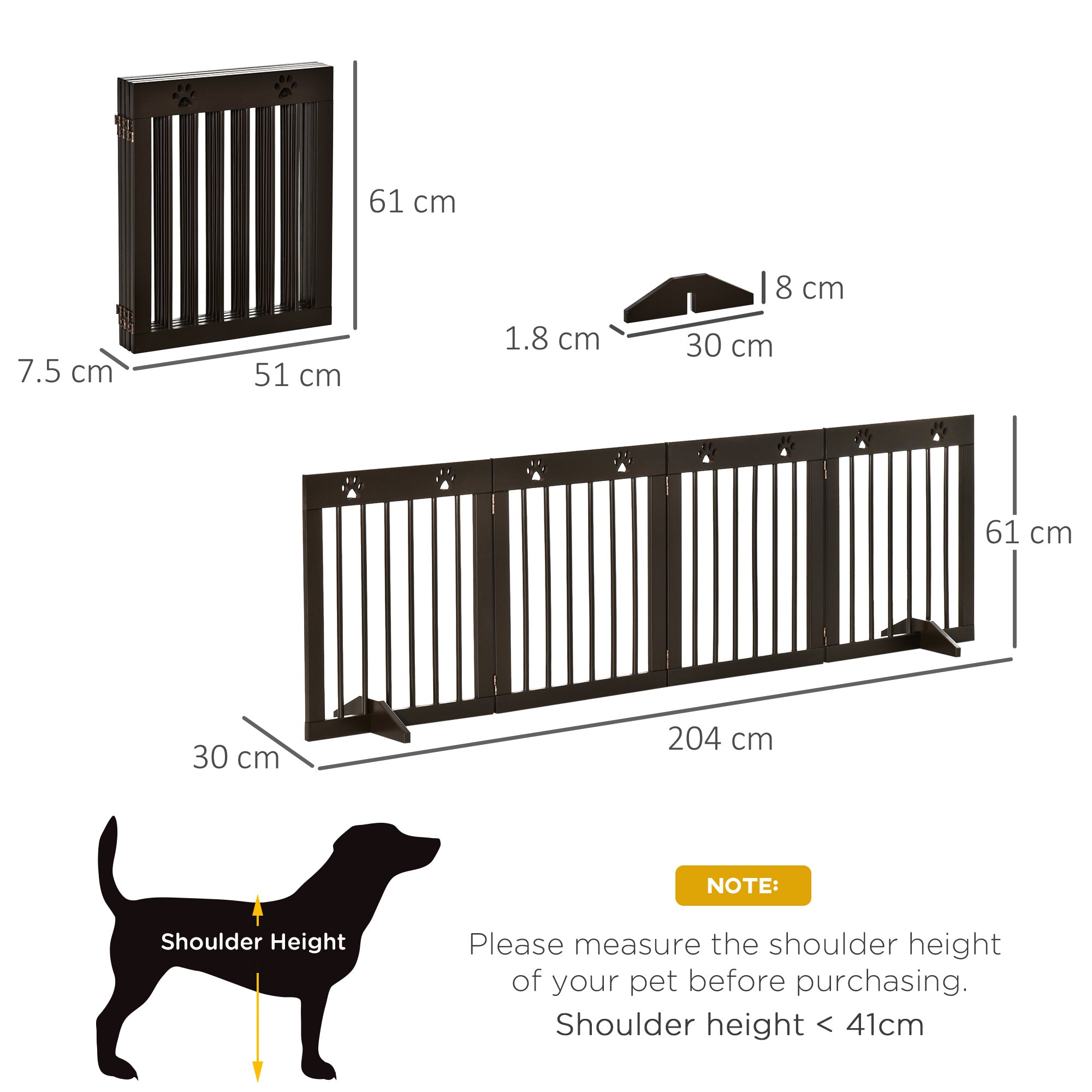 PawHut Freestanding Pet Gate 4 Panel Wooden Dog Barrier Folding Safety Fence with Support Feet up to 204cm Long 61cm Tall for Doorway Stairs Brown - North Peak Garden Furniture