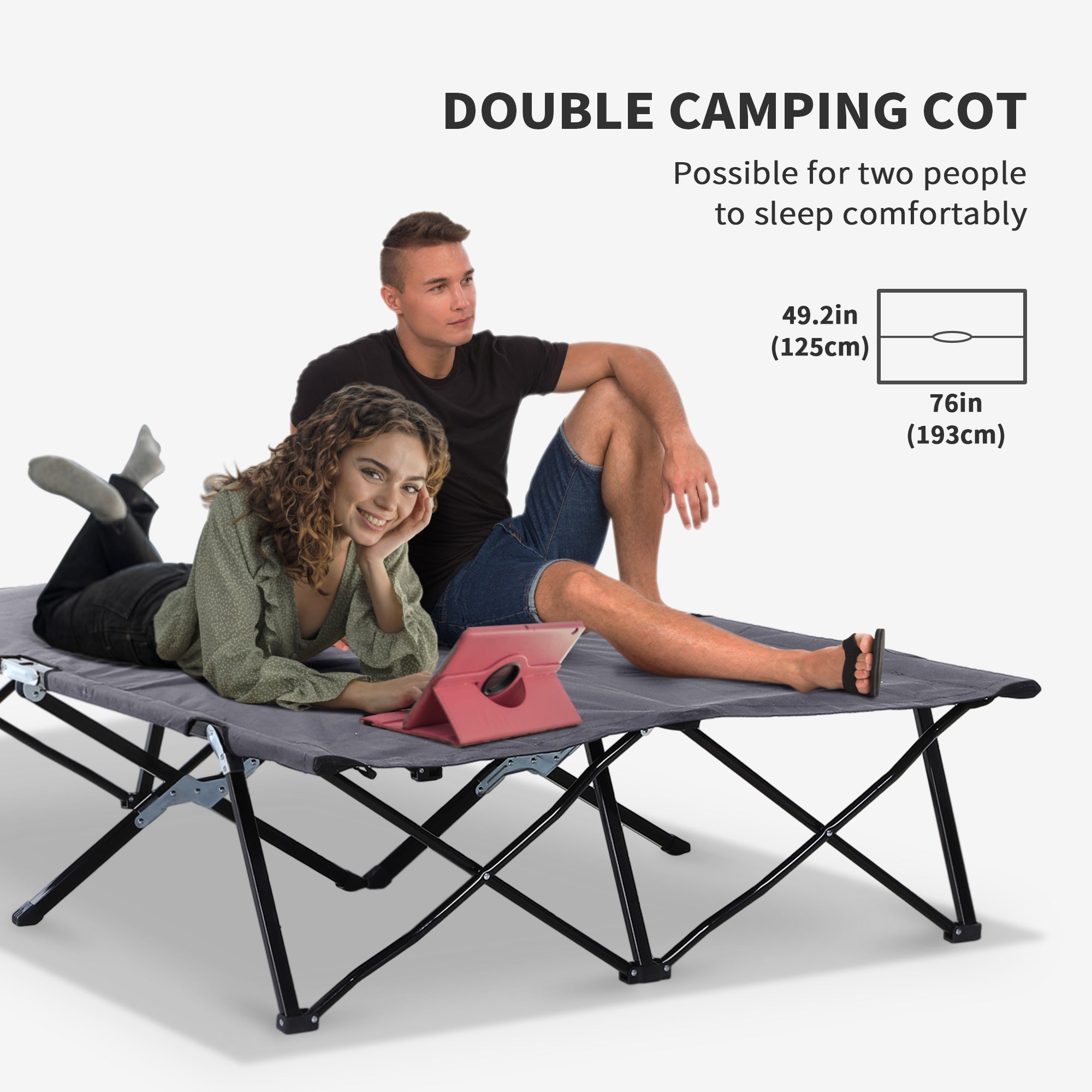 Outsunny Double Camping Cot Bed, with Bag - Grey - North Peak Garden Furniture