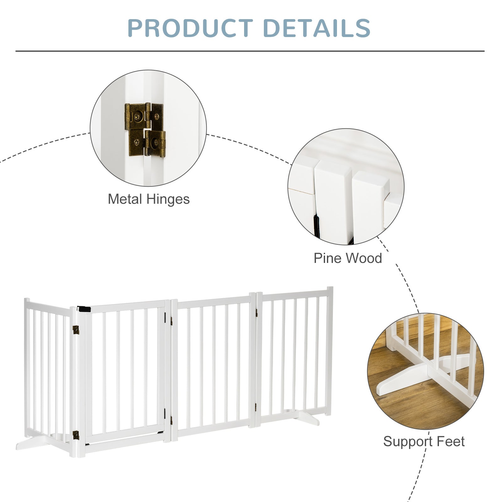 PawHut Freestanding Pet Gate for Small and Medium Dogs, Wooden Foldable Dog Safety Barrier with 4 Panels, 2 Support Feet, 80 cm Tall for Doorways, Stairs White - North Peak Garden Furniture