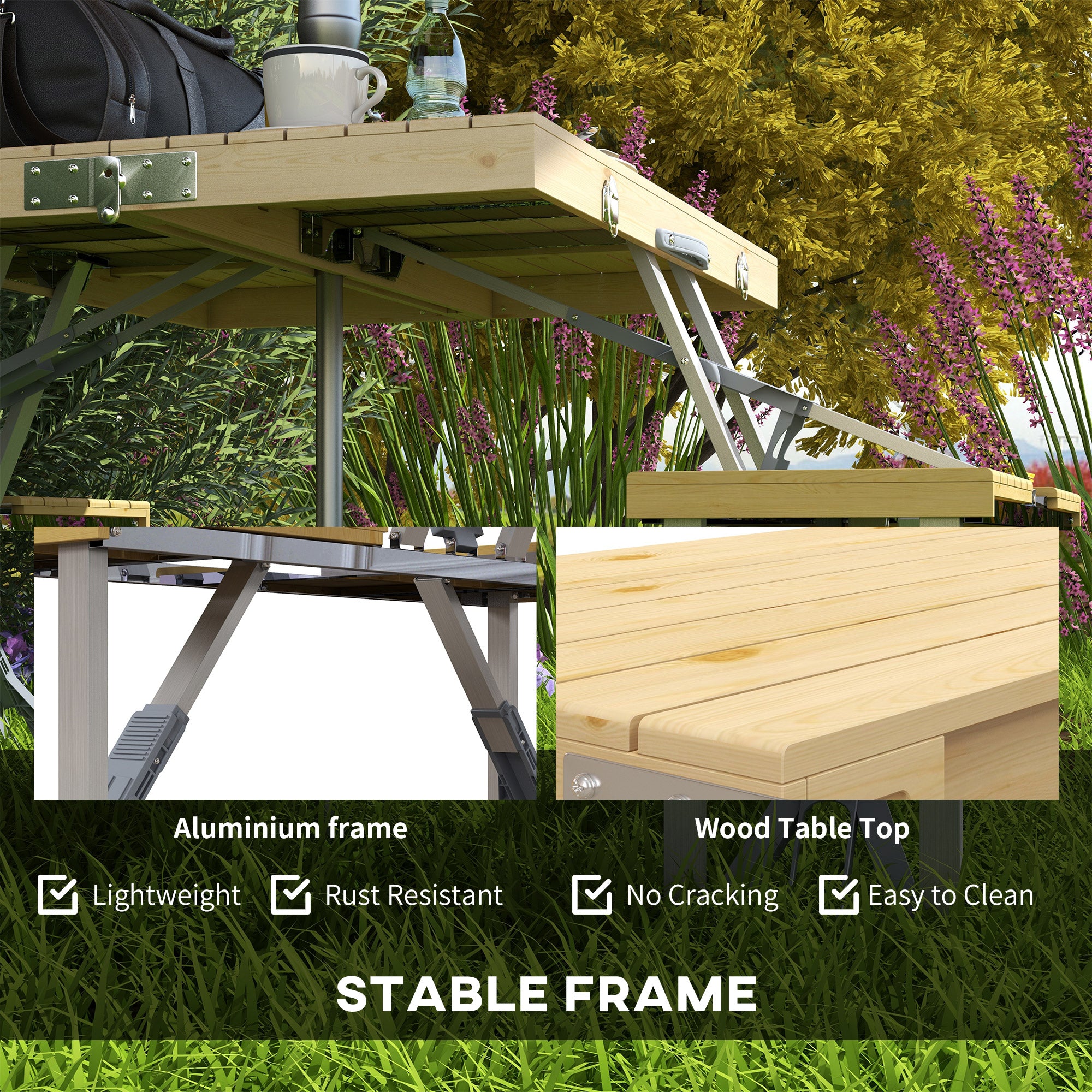 Outsunny Aluminium Frame Folding Picnic Table, Portable Camping Table and Chairs Set with Umbrella Hole - North Peak Garden Furniture