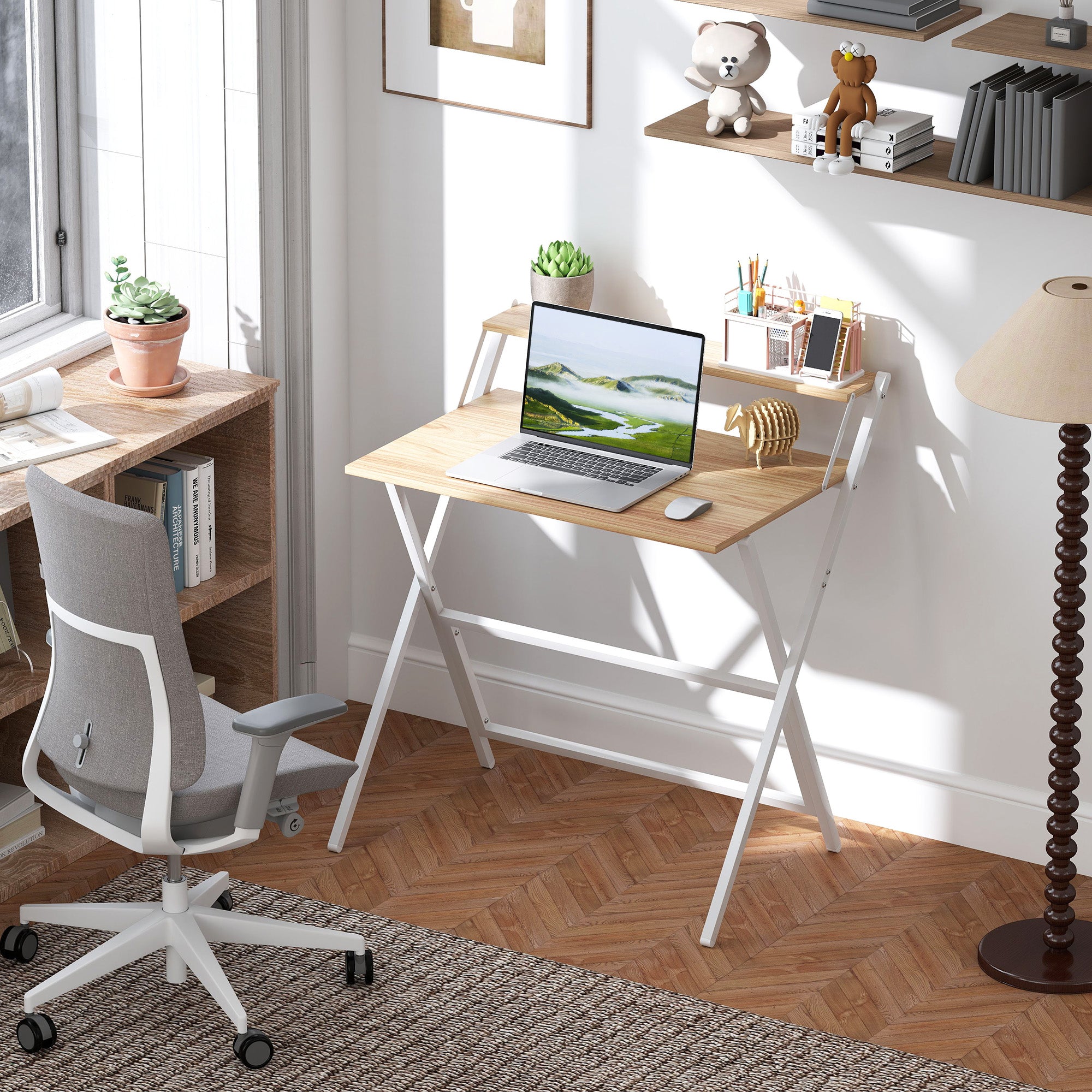 HOMCOM 81.5 cm Folding Computer Desk with Monitor Shelf - Natural Wood Finish - North Peak Garden Furniture