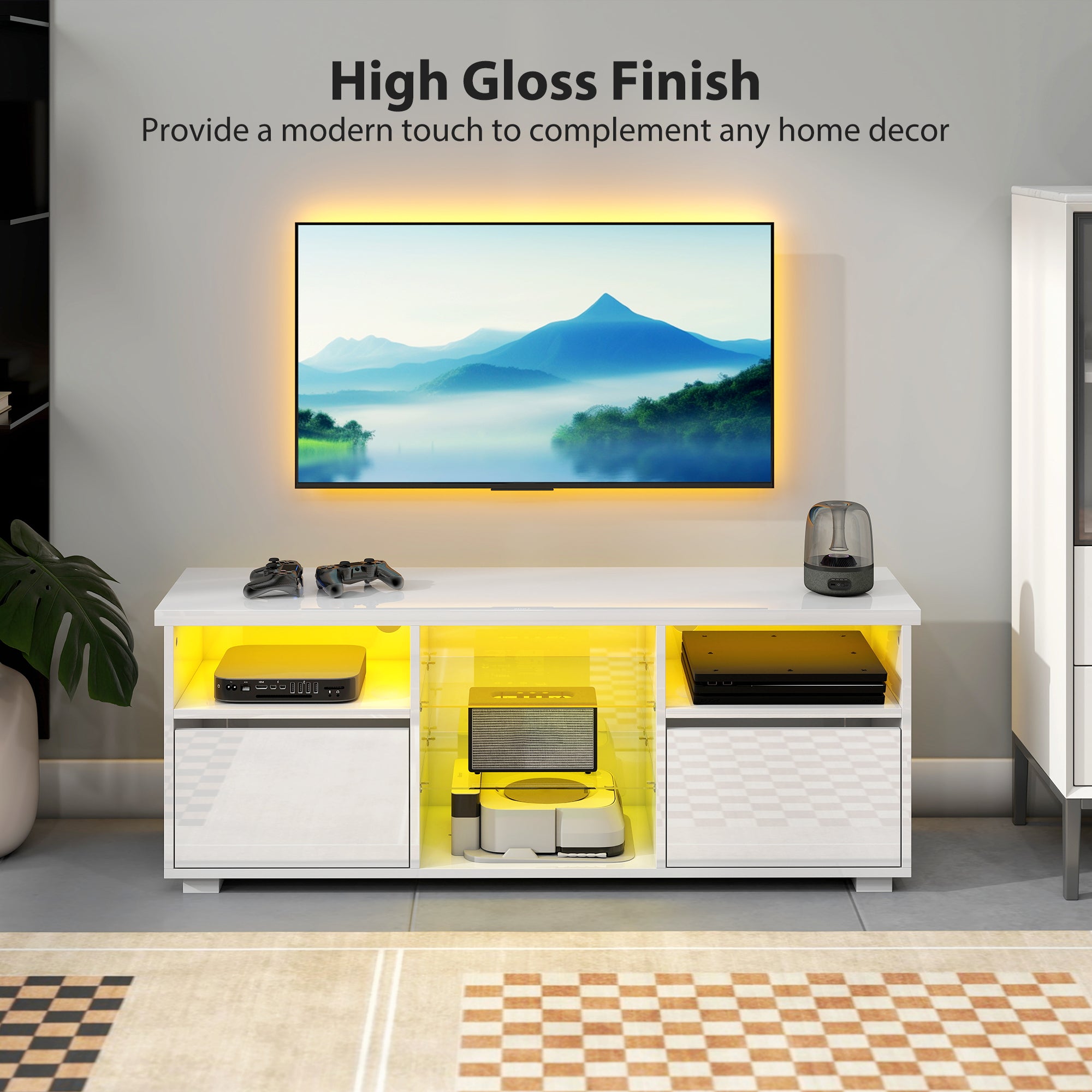 HOMCOM TV Stand Cabinet with LED Lights - High Gloss White