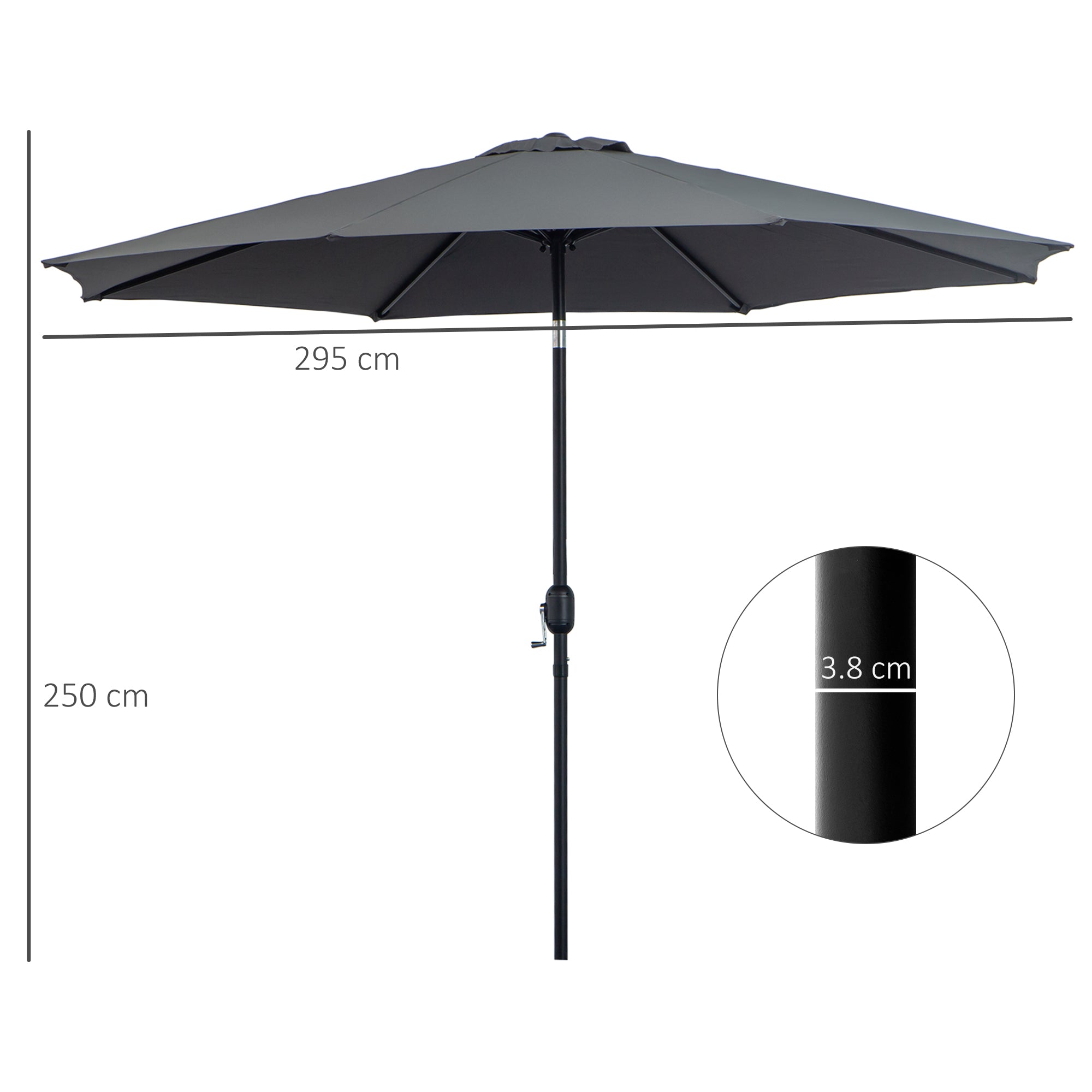 Outsunny 3(m) Tilting Parasol Garden Umbrellas, Outdoor Sun Shade with 8 Ribs, Tilt and Crank Handle for Balcony, Bench, Garden, Dark Grey - North Peak Garden Furniture