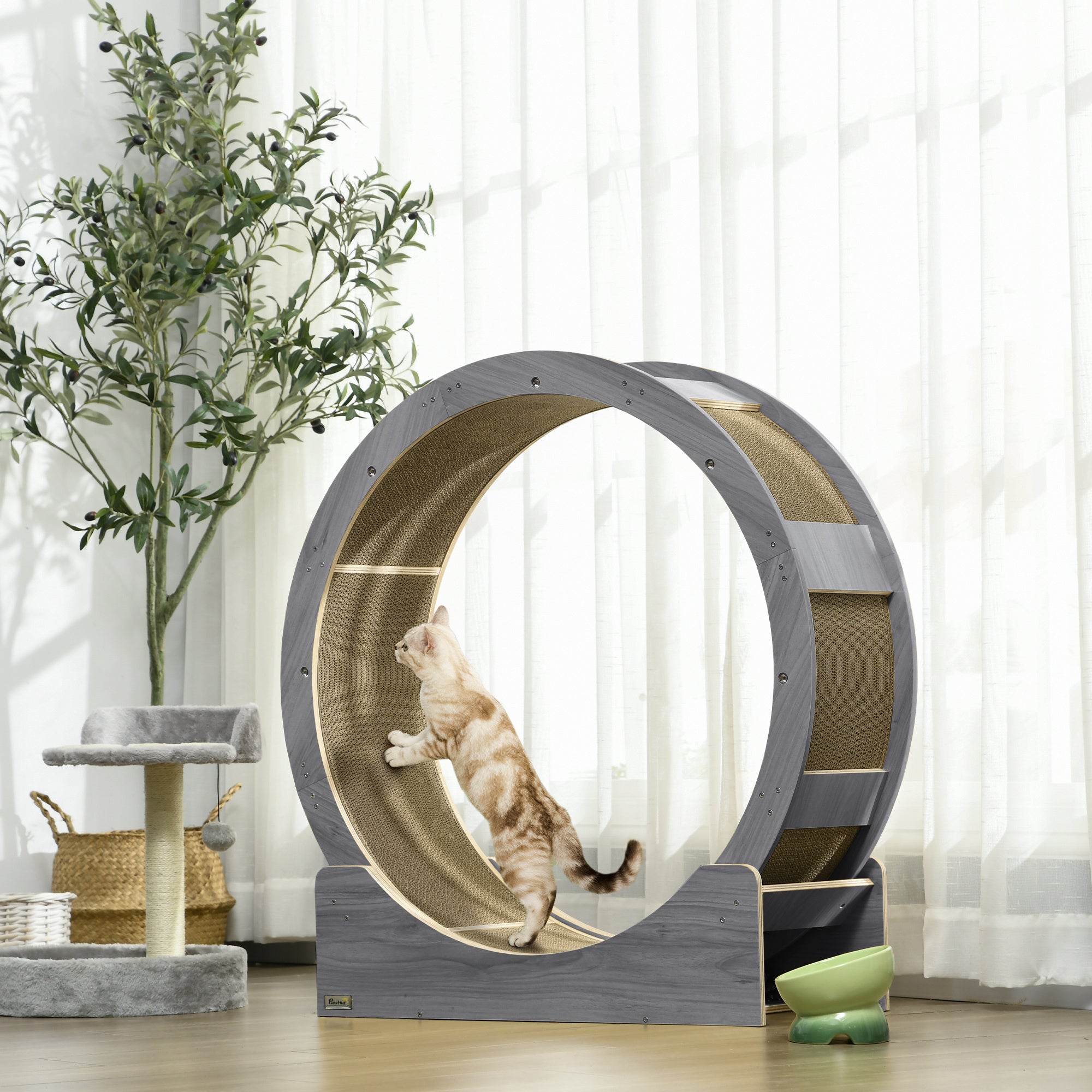PawHut Cat Wheel with Brake, Scratching Pads - Grey - North Peak Garden Furniture