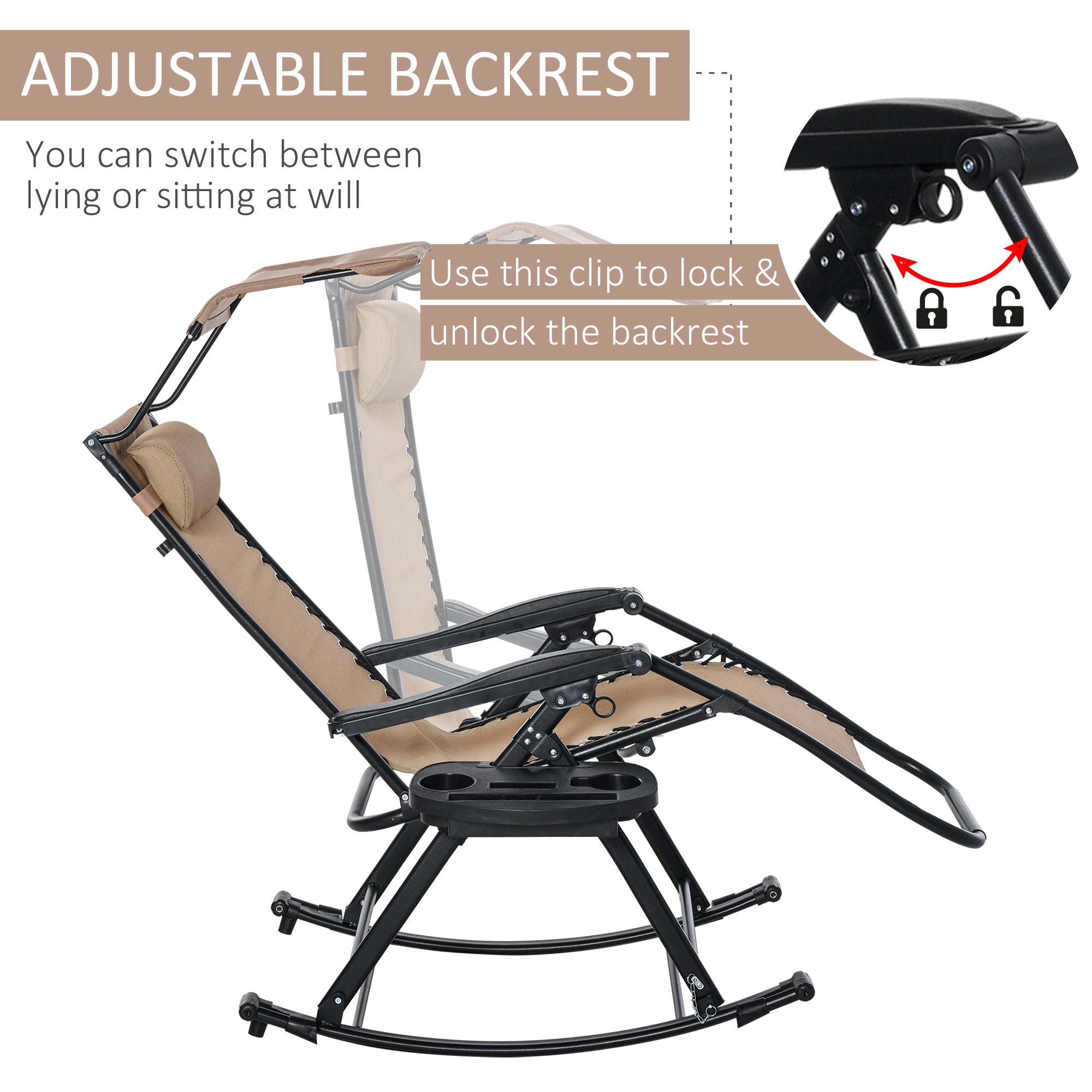 Outsunny Garden Rocking Chair Folding Recliner Outdoor Adjustable Sun Lounger Rocker Zero-Gravity Seat with Headrest Side Holder Patio Deck - Beige - North Peak Garden Furniture