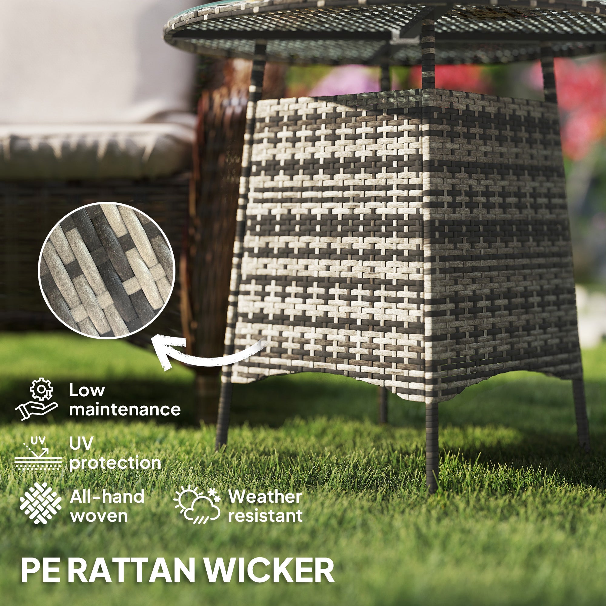 Outsunny Wicker Garden Rattan Table, Patio Furniture Outdoor Coffee Table with Umbrella Hole and Tempered Glass Top, Grey - North Peak Garden Furniture