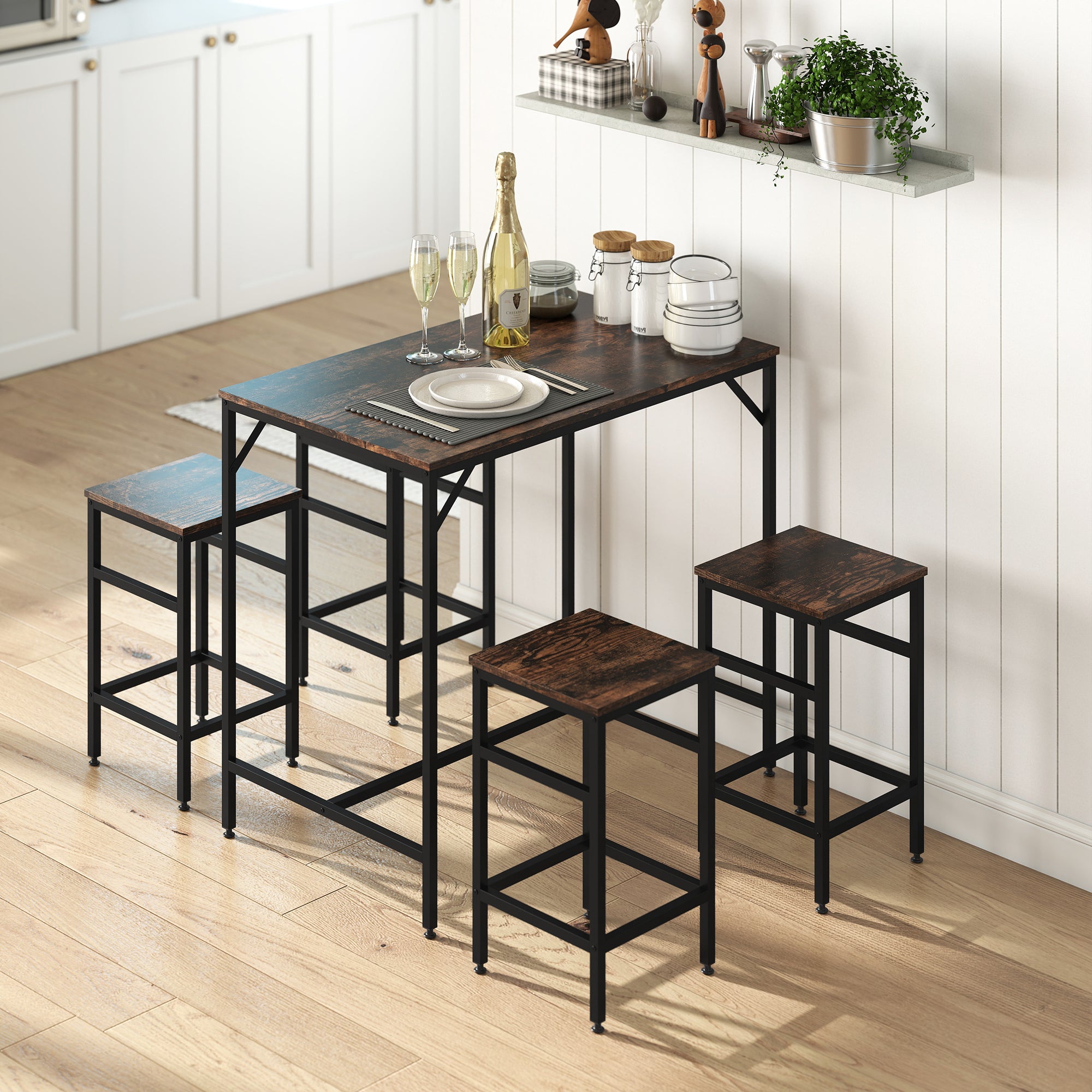 HOMCOM Industrial Rectangular Bar Table Set with 4 Stools for Dining Room, Kitchen, Dinette